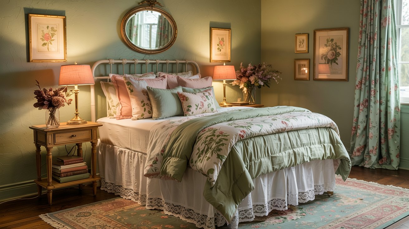 A cozy cottagecore bedroom with vintage style features a bed with floral bedding, soft sage green walls, matching curtains, floral artwork, two nightstands with lamps, and a decorative rug on a wooden floor.