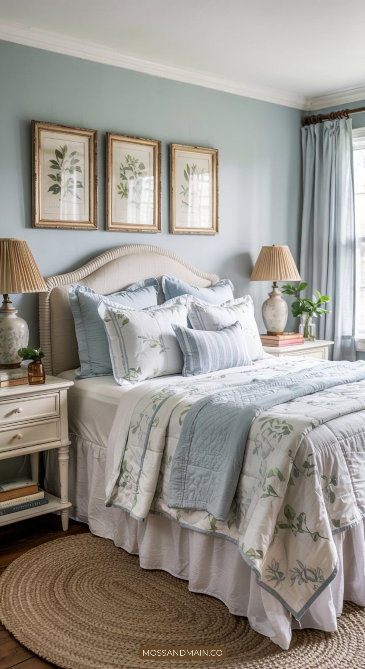 A cozy bedroom with blue and white floral bedding, light blue walls, and framed botanical prints creates a dreamy storybook bedroom feel. Matching nightstands with lamps and a round woven rug on wood floors complete this inviting space filled with natural light.