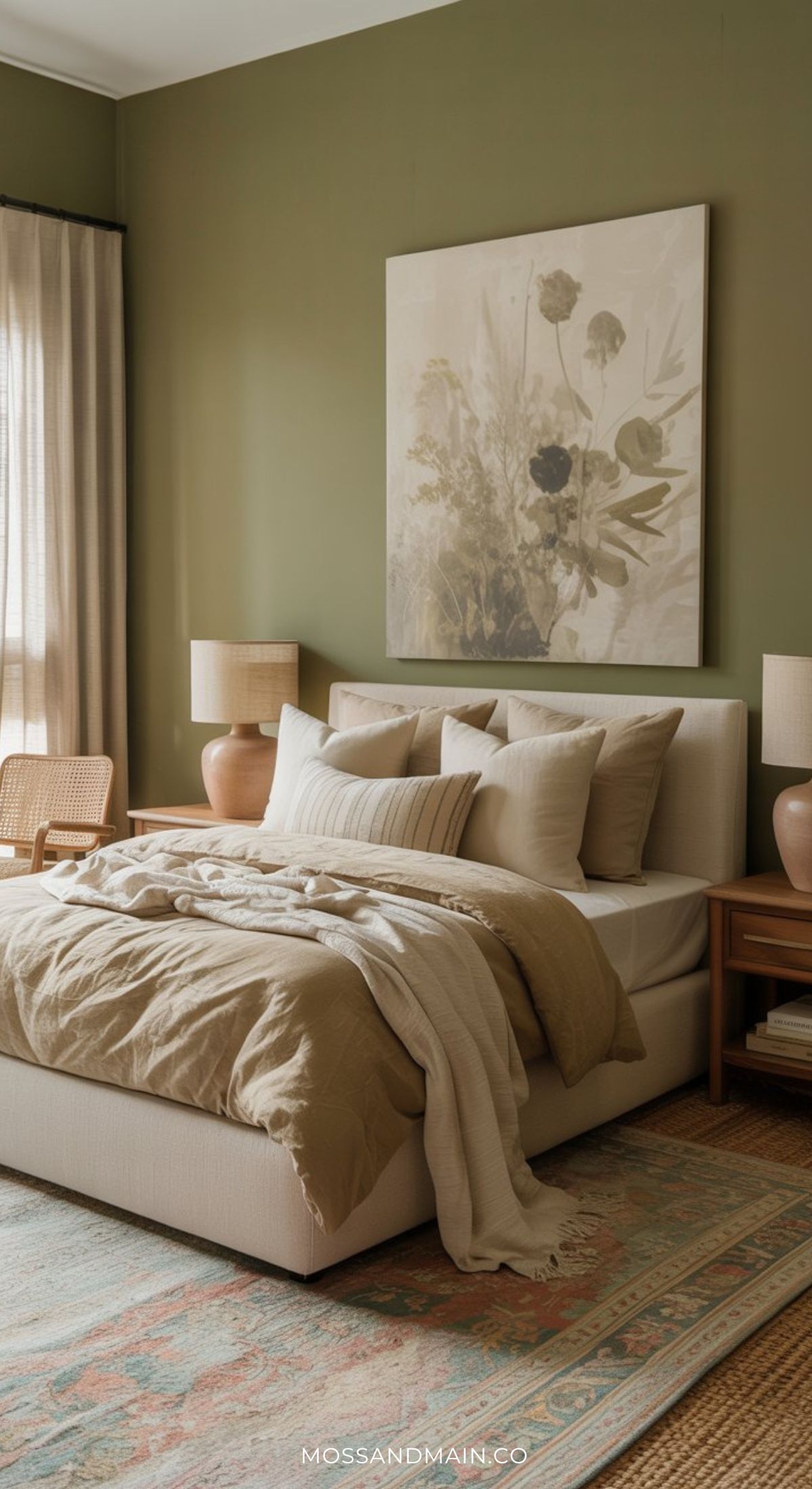 A cozy dark green bedroom with olive green walls, a large abstract floral painting above a bed with beige bedding and pillows, wooden nightstands with matching lamps, a woven chair, and a patterned rug. Natural light streams in.
