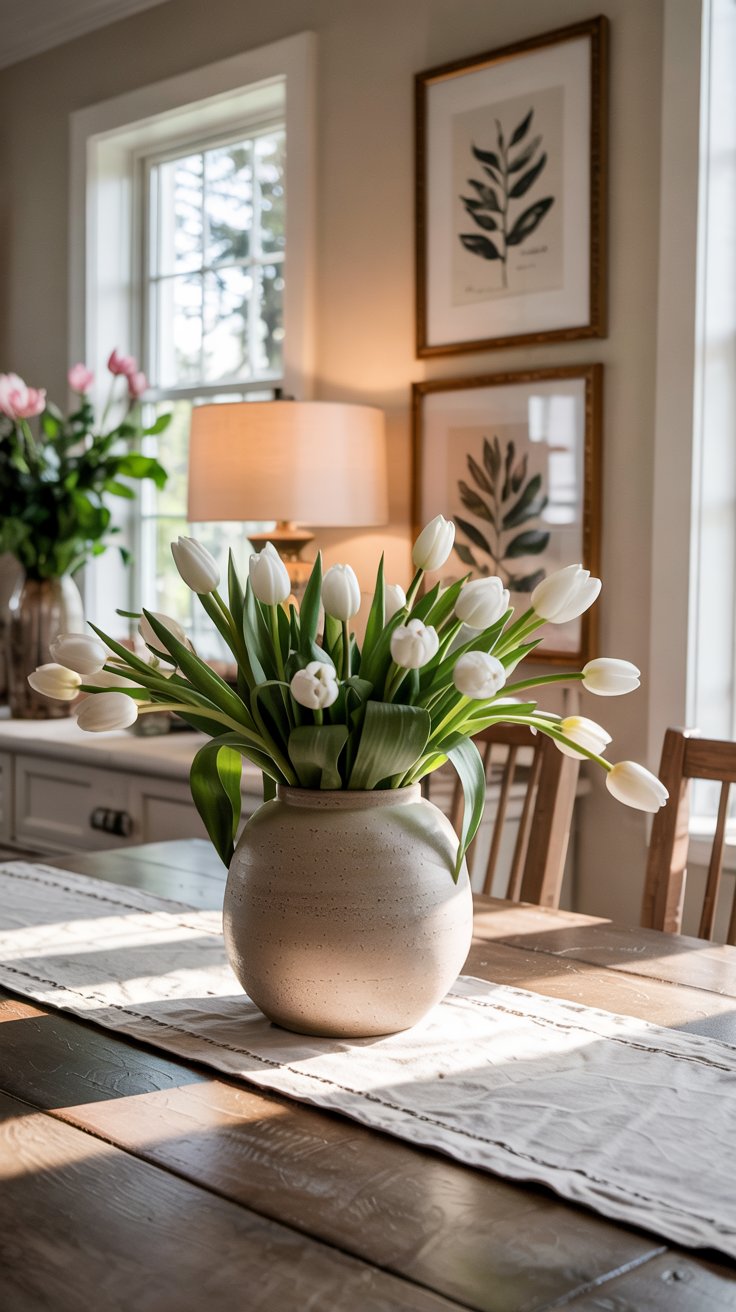 If you love clean lines and a clutter-free table, these minimal Easter centerpiece ideas are for you. Featuring neutral textures, soft greenery, and understated spring details, this look creates a peaceful dining room moment without feeling themed. Perfect inspiration for modern Easter decor and simple spring table styling.
