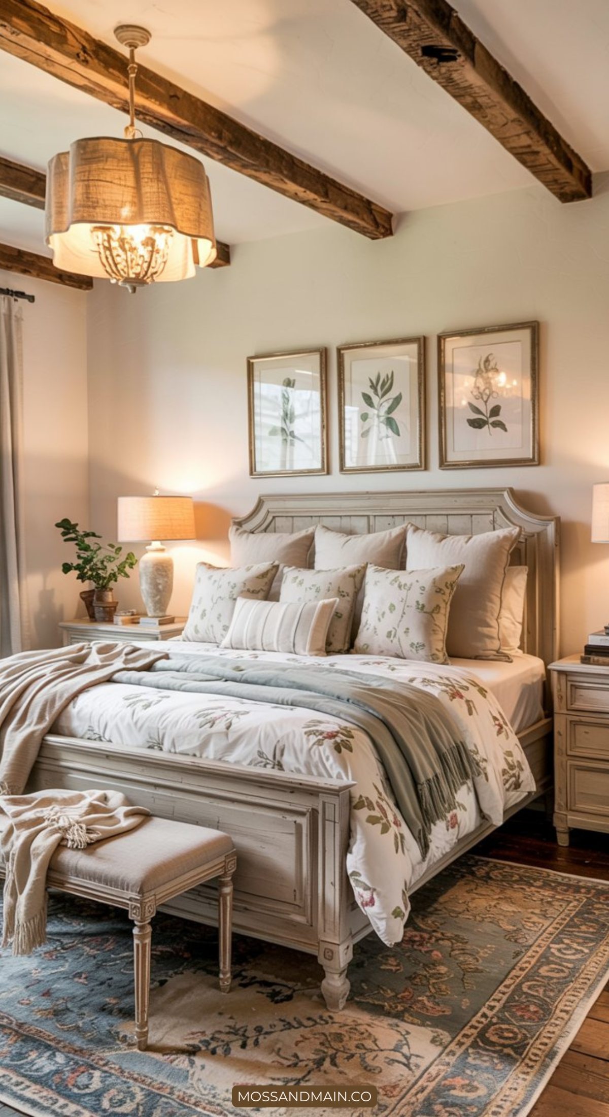 A cozy, rustic bedroom with exposed wooden ceiling beams perfectly captures the charm of Modern Farmhouse Bedrooms, featuring a chandelier, floral bedding, matching nightstands, soft lighting, botanical wall art, and a decorative bench at the foot of the bed.