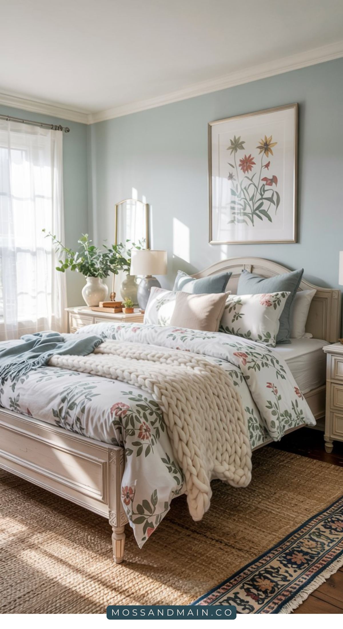 A cozy Cottagecore bedroom featuring a bed with floral bedding and a chunky knit blanket, light wood furniture, a large woven rug, and botanical artwork on soft blue walls. Sunlight streams in through sheer curtains.
