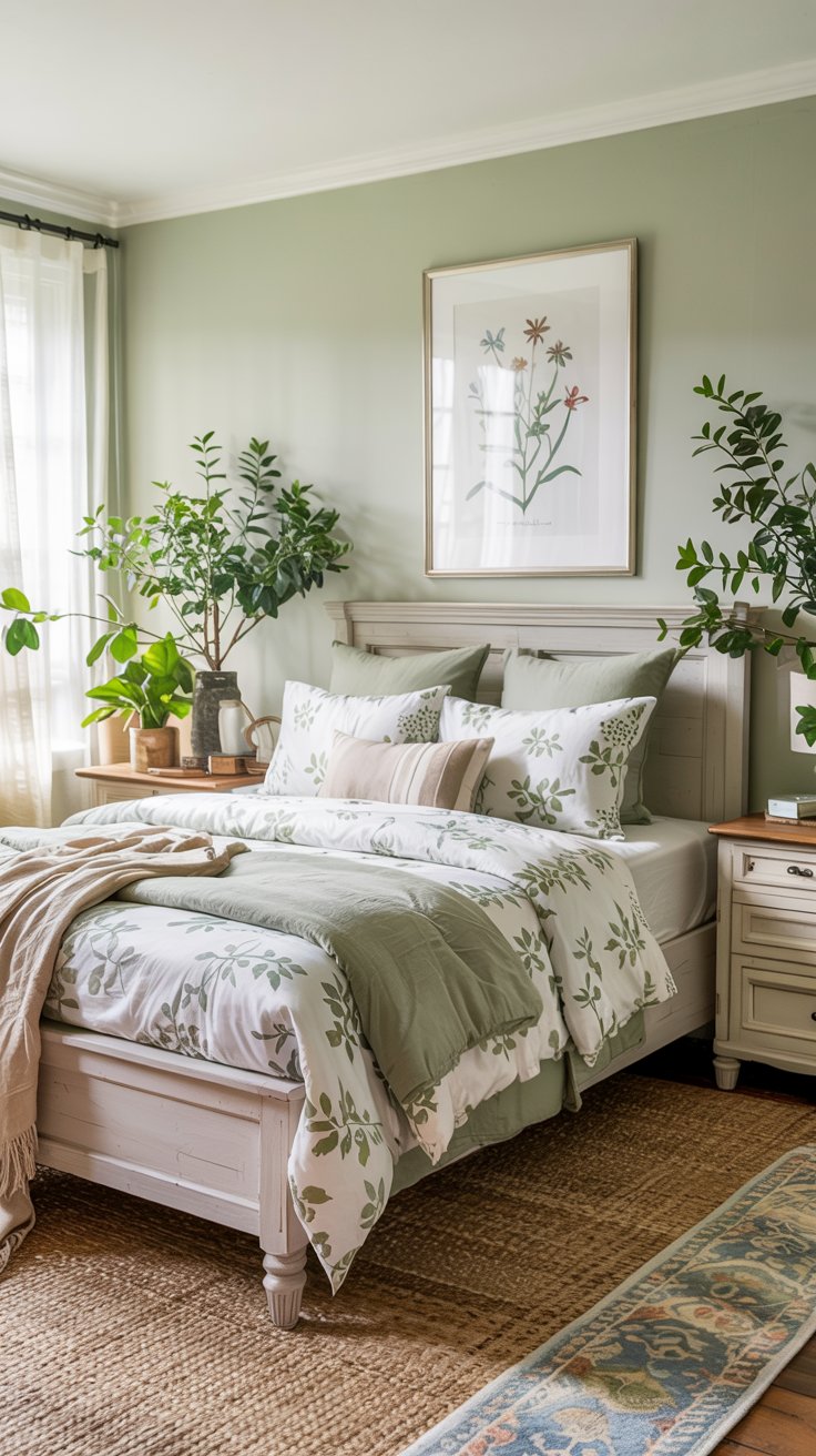 A cozy cottagecore bedroom with a white wooden bed, botanical-themed bedding, and potted plants. Soft natural light streams in through sheer curtains, while floral artwork above the bed brings fresh storybook bedroom ideas to life.
