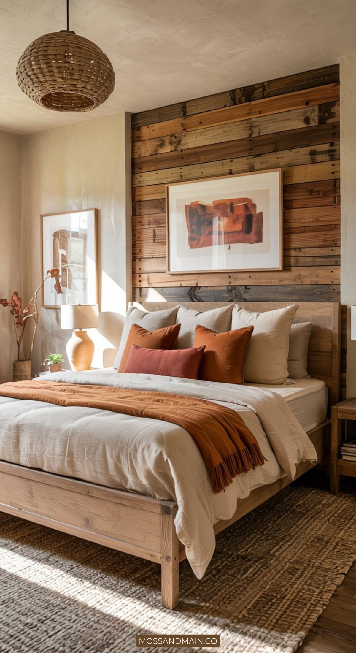 A cozy bedroom with a wooden bed, neutral bedding, rust-colored pillows and throw, and a woven rug—sunlight streams in, highlighting earth-toned decor and modern farmhouse bedrooms style with abstract art above the headboard.