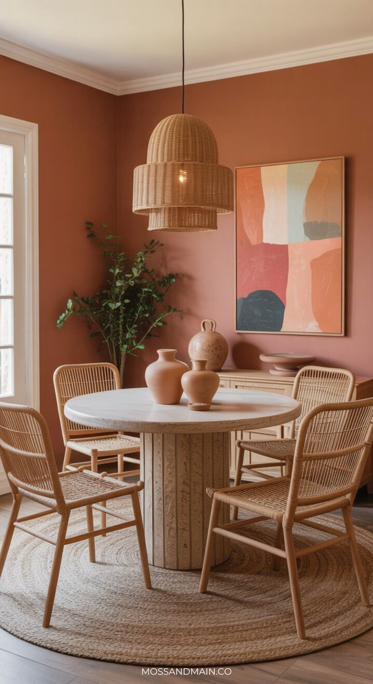 A cozy dining area with a round wooden table, four wicker chairs, neutral vases, a rattan pendant light, abstract wall art, a green plant, and terracotta-colored walls—perfect for those who love elegant dining rooms with earthy decor.