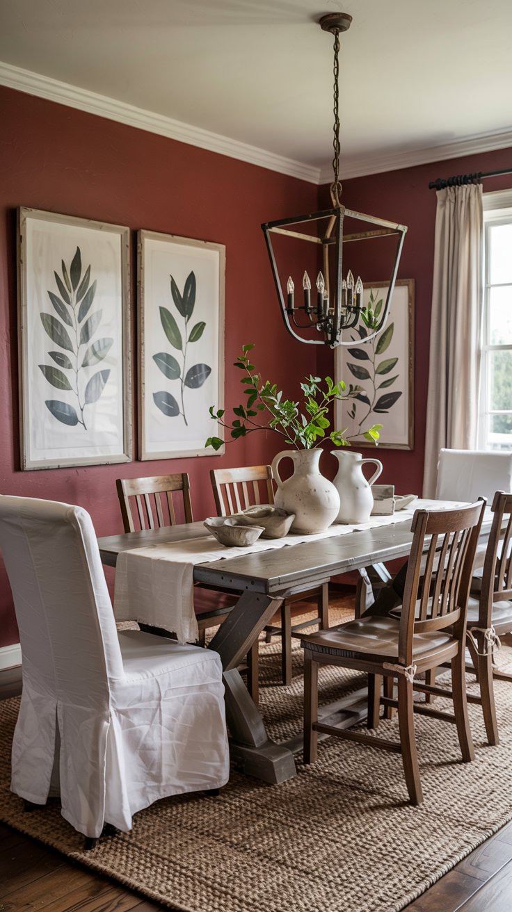 A cozy dining room design features a wooden table, chairs, and white slipcovered end chairs. Three large leaf prints hang on a burgundy wall. A branch in a white vase sits on the table, with light streaming through beige curtains.