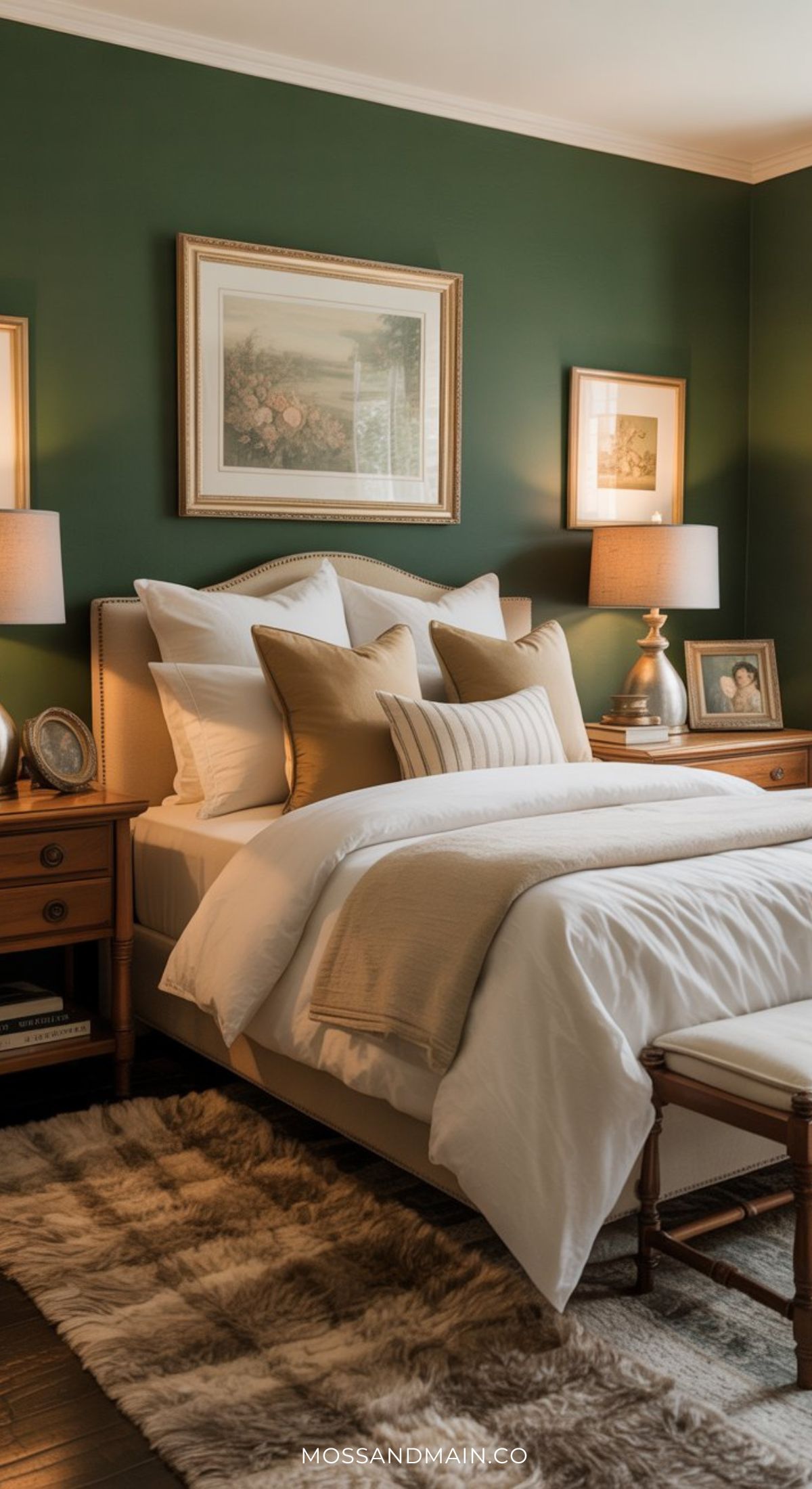 A cozy dark green bedroom features a striking accent wall, a bed with white and beige bedding, wooden nightstands with lamps, framed art above the headboard, and a fluffy beige rug on a dark wood floor.