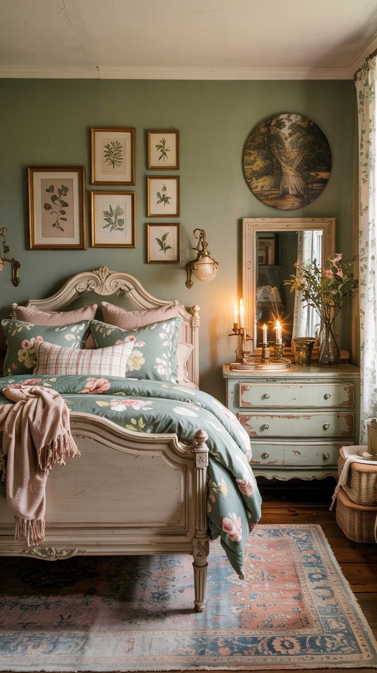 A cozy vintage cottagecore bedroom with a floral bedspread, pastel throw blanket, ornate white bed, and antique mint green nightstand topped with candles and flowers. Botanical art and a round painting brighten the sage green wall—perfect for dreamy bedroom ideas.