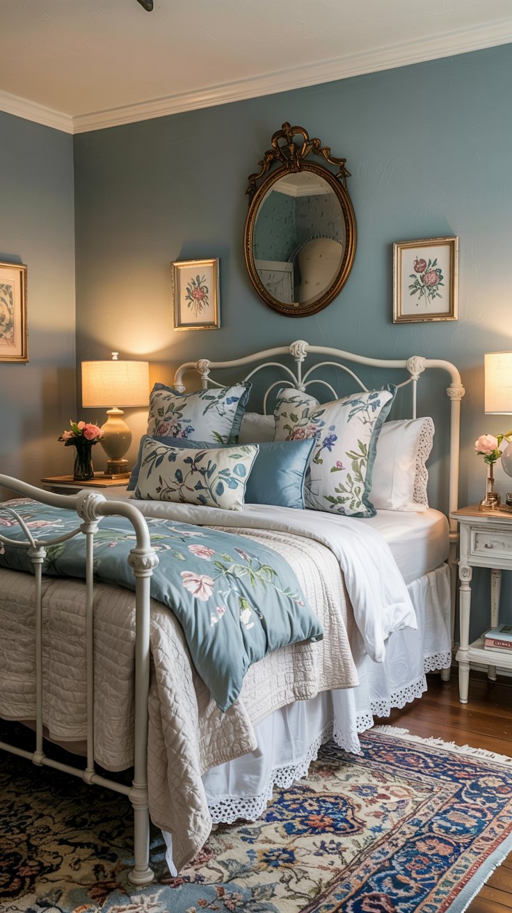 A cozy bedroom with a vintage white metal bed frame, floral bedding, and blue walls offers charming Blue Cottagecore Bedroom vibes. Two nightstands with lamps, floral artwork, and an oval mirror above the bed make this space warm and inviting.