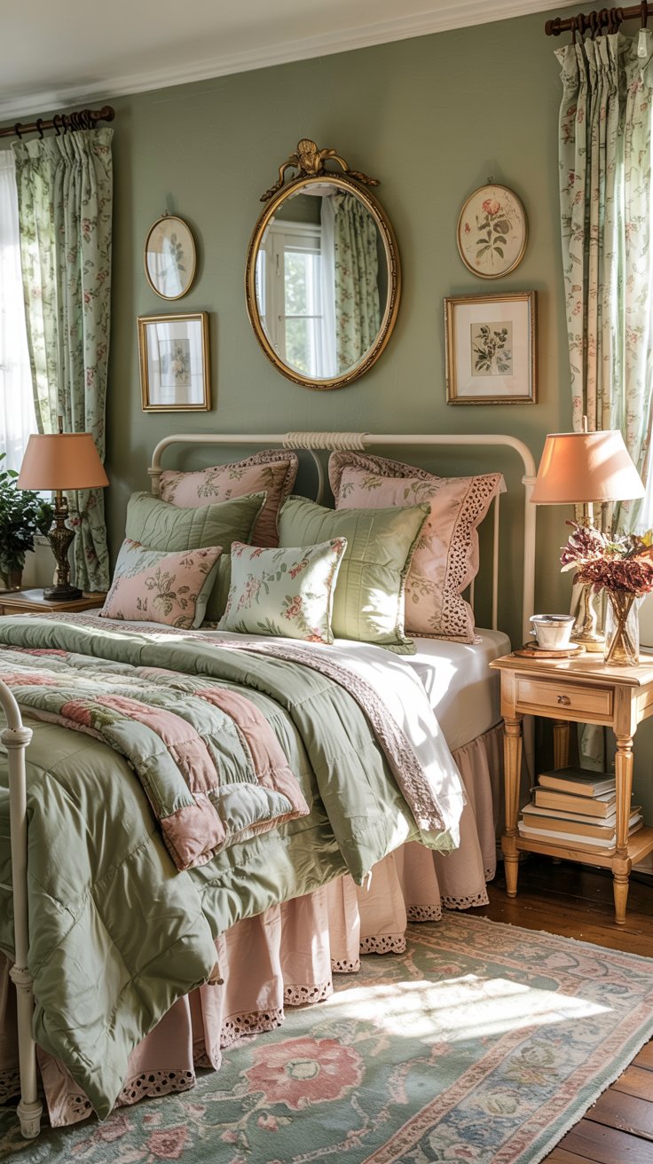 A cozy sage green bedroom with a pastel pink floral theme features a bed with layered pillows and quilts, lace accents, wooden nightstands with lamps, floral curtains, and vintage wall art above the headboard—perfect for cottagecore bedroom inspiration.