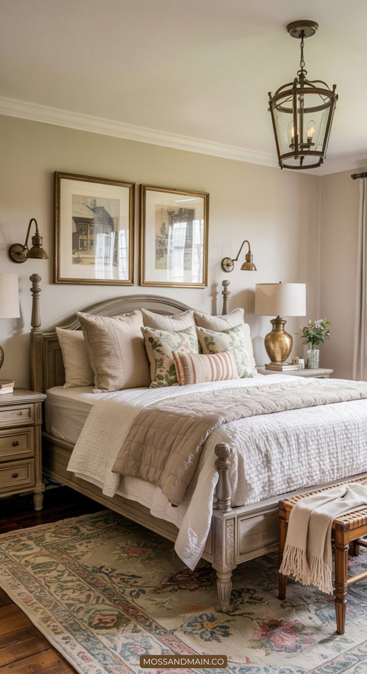 A cozy, elegant bedroom with neutral-toned bedding and a light quilt captures the charm of modern farmhouse bedrooms. Decorative pillows, framed art above the bed, and a patterned rug complete this warm, inviting retreat.