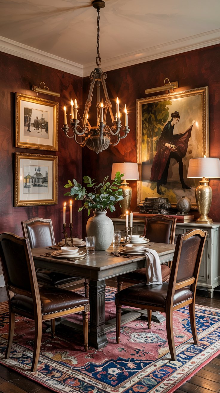 A cozy Burgundy dining room features a wooden table set for four, leather chairs, a patterned rug, chandelier, framed art on deep red walls, a sideboard with lamps, and a large vase with greenery—perfect inspiration for elegant dining room designs.
