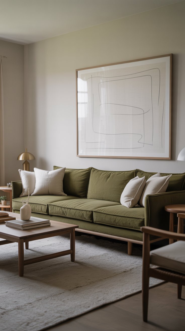 A modern living room with an olive green sofa, white pillows, wooden coffee table, and minimalist artwork offers cozy living room ideas. Natural light fills the space, highlighting its inviting interior design and neutral-toned decor.