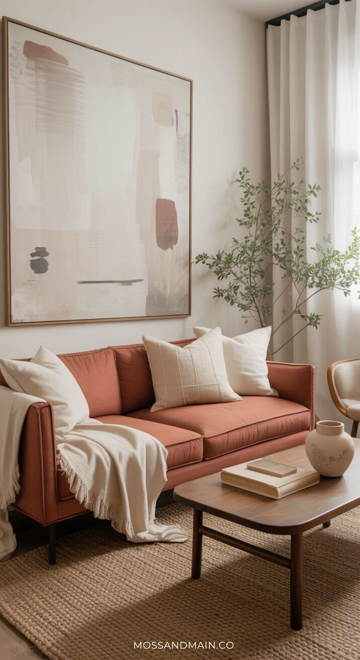 A modern rust couch living room featuring a rust-colored sofa with white pillows and a throw blanket. A large abstract painting hangs above, while a potted plant and wooden coffee table add warmth to this cozy, neutral-toned space.