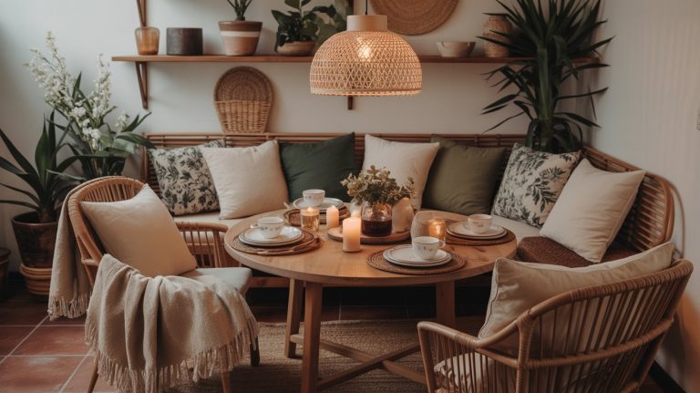 A cozy, earthy dining room with a round wooden table set for four, surrounded by wicker chairs and a bench with cushions. Candles and a vase of flowers sit on the table, while green plants and woven decor add natural warmth to the stylish dining space.