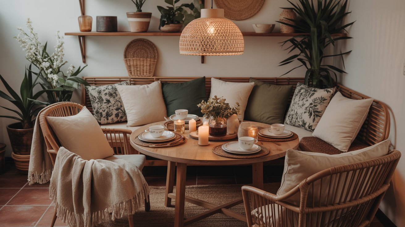 A cozy, earthy dining room with a round wooden table set for four, surrounded by wicker chairs and a bench with cushions. Candles and a vase of flowers sit on the table, while green plants and woven decor add natural warmth to the stylish dining space.