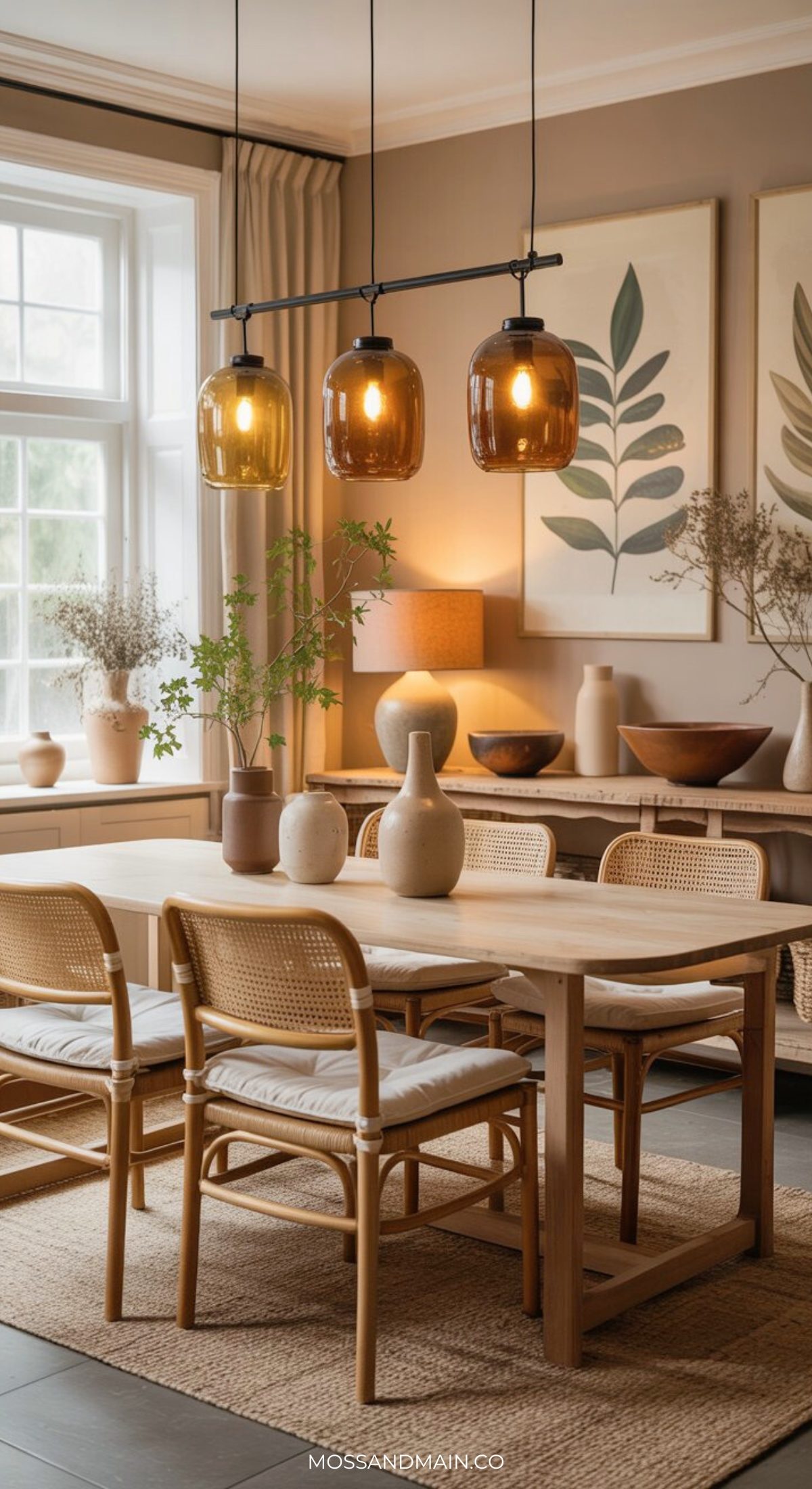 A modern, stylish dining room with a wooden table, four cane chairs, amber glass pendant lights, neutral vases of dried plants, and botanical art on taupe walls—all infused with soft natural light for an inviting, earthy dining room feel.