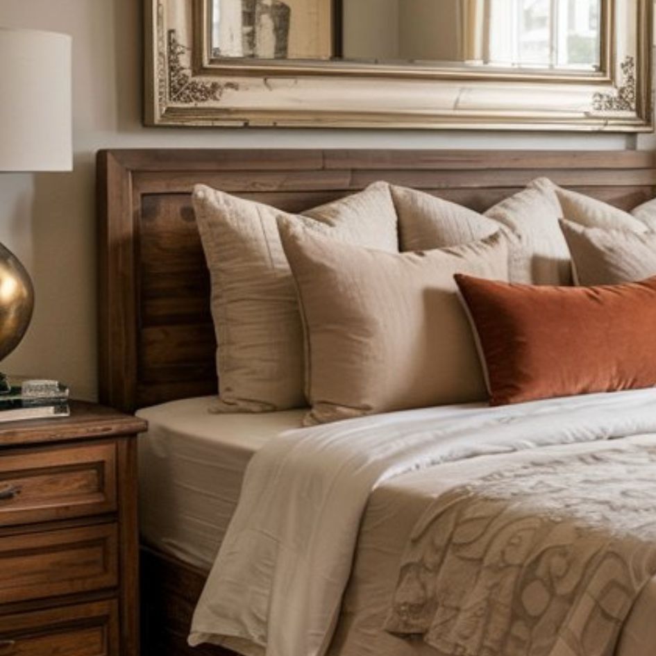 A cozy bedroom features a wooden bed frame, beige and brown pillows, a rust-colored accent pillow, a cream blanket, and a wooden nightstand with a gold lamp—perfect for fans of modern farmhouse bedrooms—with a large framed mirror above the bed.