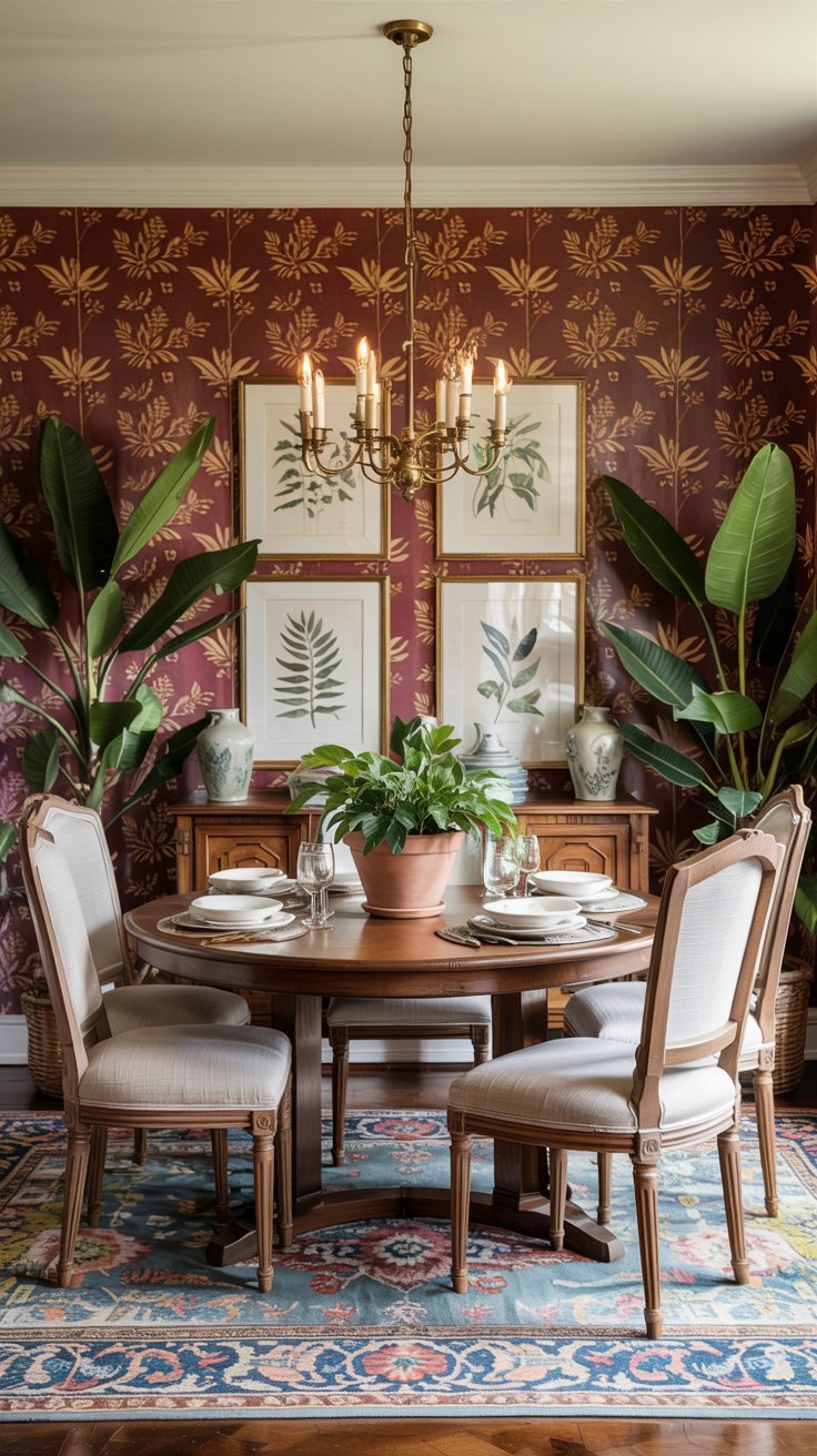 A cozy dining room with a round wooden table set for four, surrounded by beige upholstered chairs. Botanical wall art, leafy plants, and a brass chandelier complement the burgundy dining room’s red wallpaper with a gold leaf pattern.