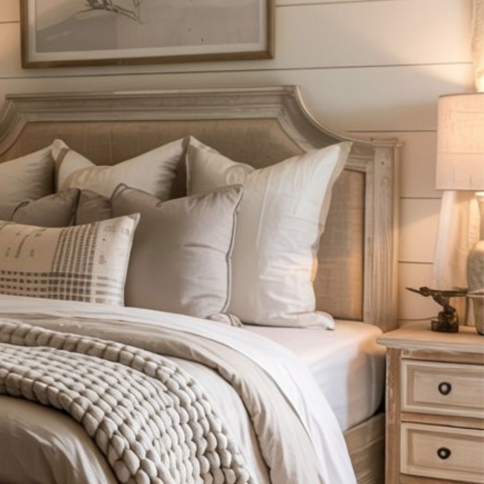 A cozy bedroom features a neatly made bed with layered neutral-colored pillows and blankets. A wooden nightstand with drawers holds a lamp and decorative items. Soft lighting enhances the inviting charm of warm bedrooms.