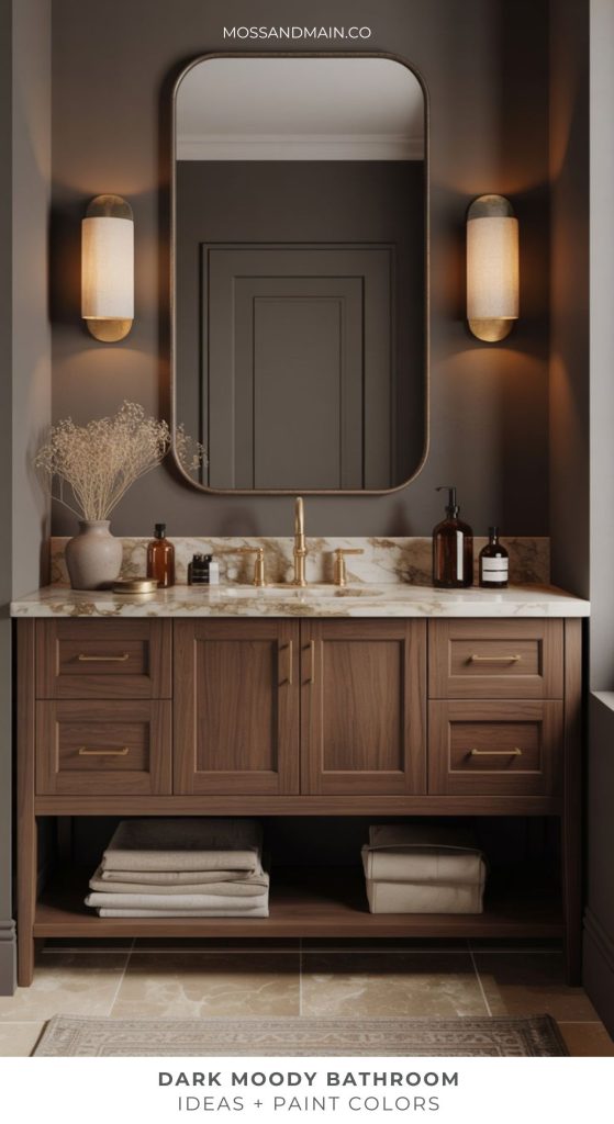 A dark moody bathroom featuring a wood vanity, marble countertop, gold fixtures, amber bottles, dried flowers, and a large mirror. Soft wall sconces cast warm light, creating a cozy atmosphere. Towels are neatly placed on the lower shelf.