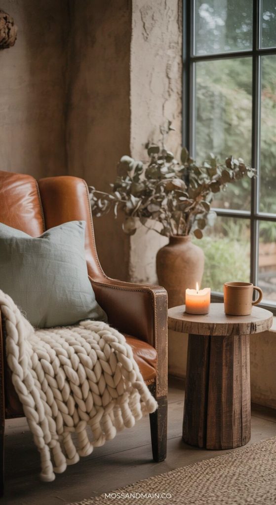 A cozy reading nook with a brown leather chair, chunky knit blanket, light blue pillow, and wooden side table holding a lit candle and mug, creates an earthy living room vibe. A large vase of greenery by the window enhances the natural aesthetic.