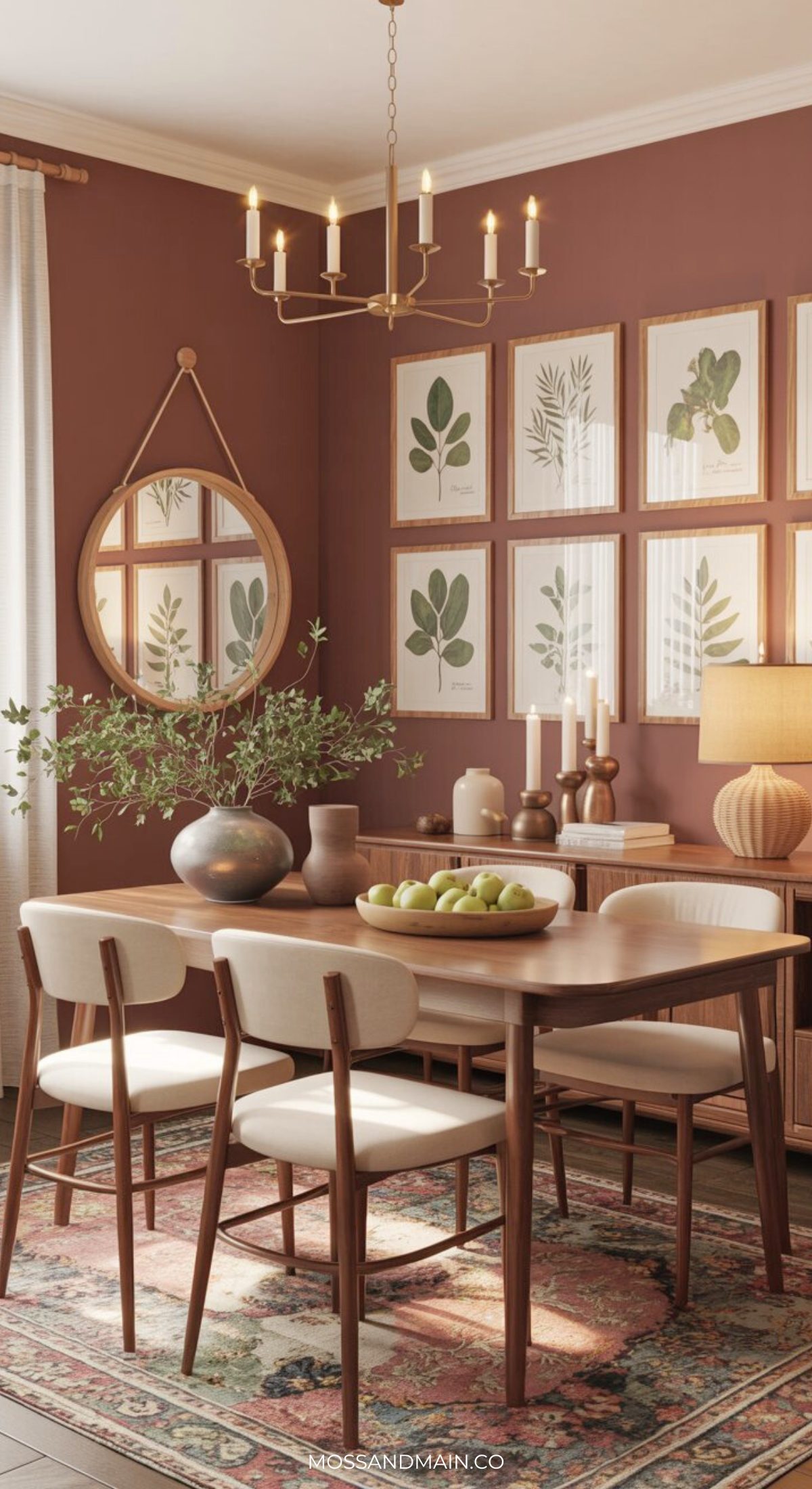 An inviting example of earthy dining rooms, this cozy space features a wooden table, white cushioned chairs, green apples, and vases. Botanical artwork and a round mirror accent the warm brown wall, with candles and a lamp on the sideboard.