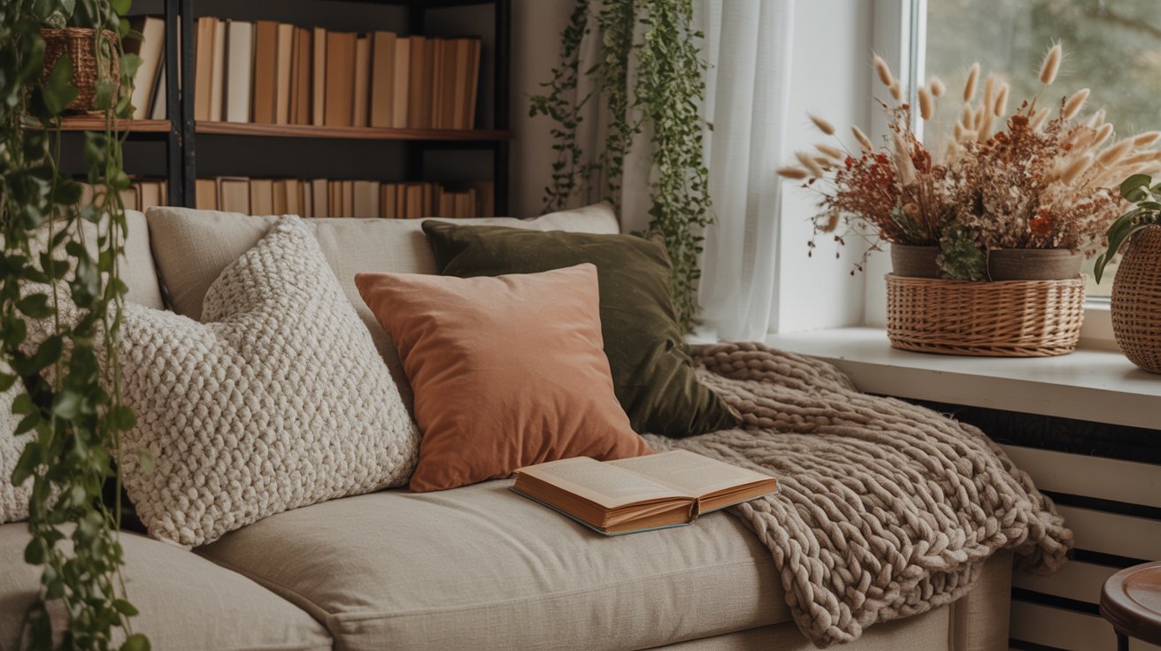 A cozy living room with a beige sofa, textured pillows, a chunky knit blanket, an open book, bookshelves, hanging plants, and a wicker basket of dried flowers by a sunny window creates the perfect natural aesthetic.
