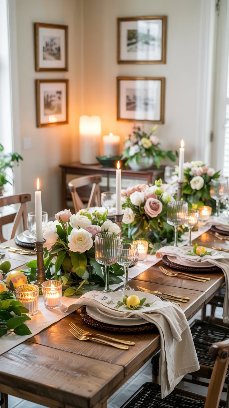 A beautifully set dining table in the dining room features elegant spring floral centerpieces, lit candles, wine glasses, gold cutlery, and cream napkins, creating a warm, inviting atmosphere in a softly lit room with framed art on the walls.