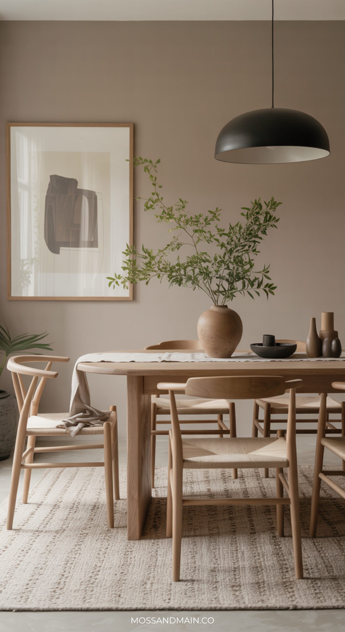 A minimalist dining room with a wooden table, four woven chairs, earthy decor, a large vase with green branches, neutral accents, a black pendant light, beige walls, and a framed abstract art piece.