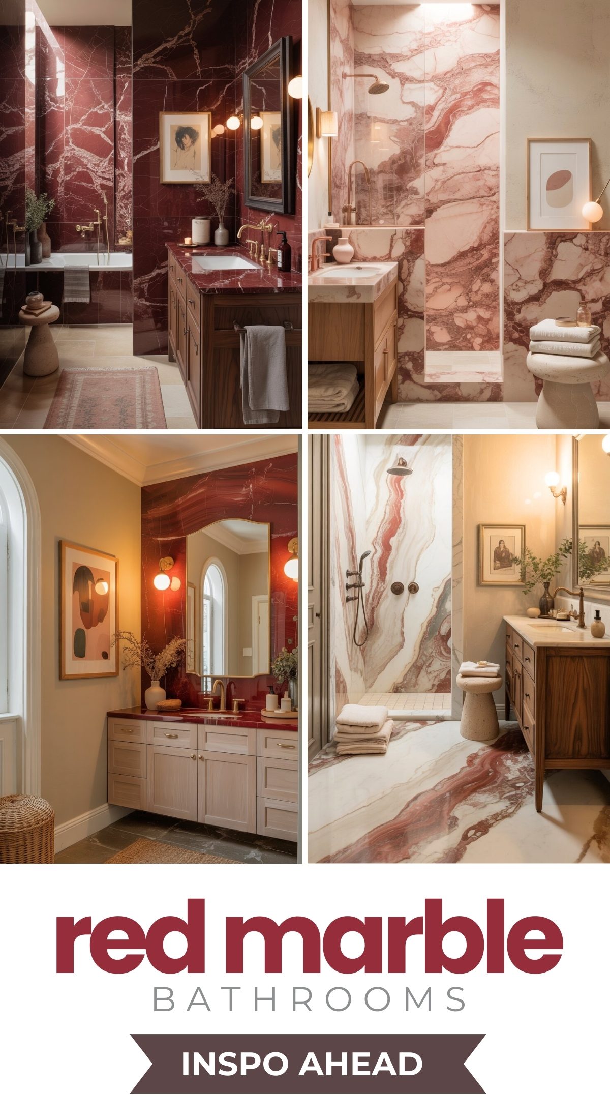 A collage of bold bathroom designs featuring elegant vanities, modern fixtures, and striking red-veined marble walls and showers. Text at the bottom reads, red marble BATHROOMS INSPO AHEAD.