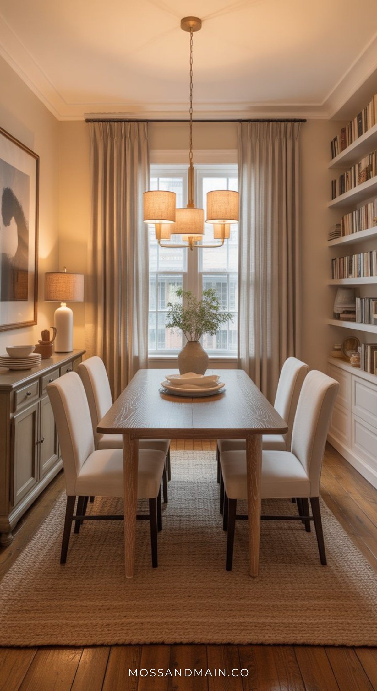 A cozy dining room inspired by the timeless charm of a Nancy Meyers dining room, featuring a wooden table, white upholstered chairs, neutral rug, modern light fixture, large curtained window, sideboard, and built-in shelves filled with books.