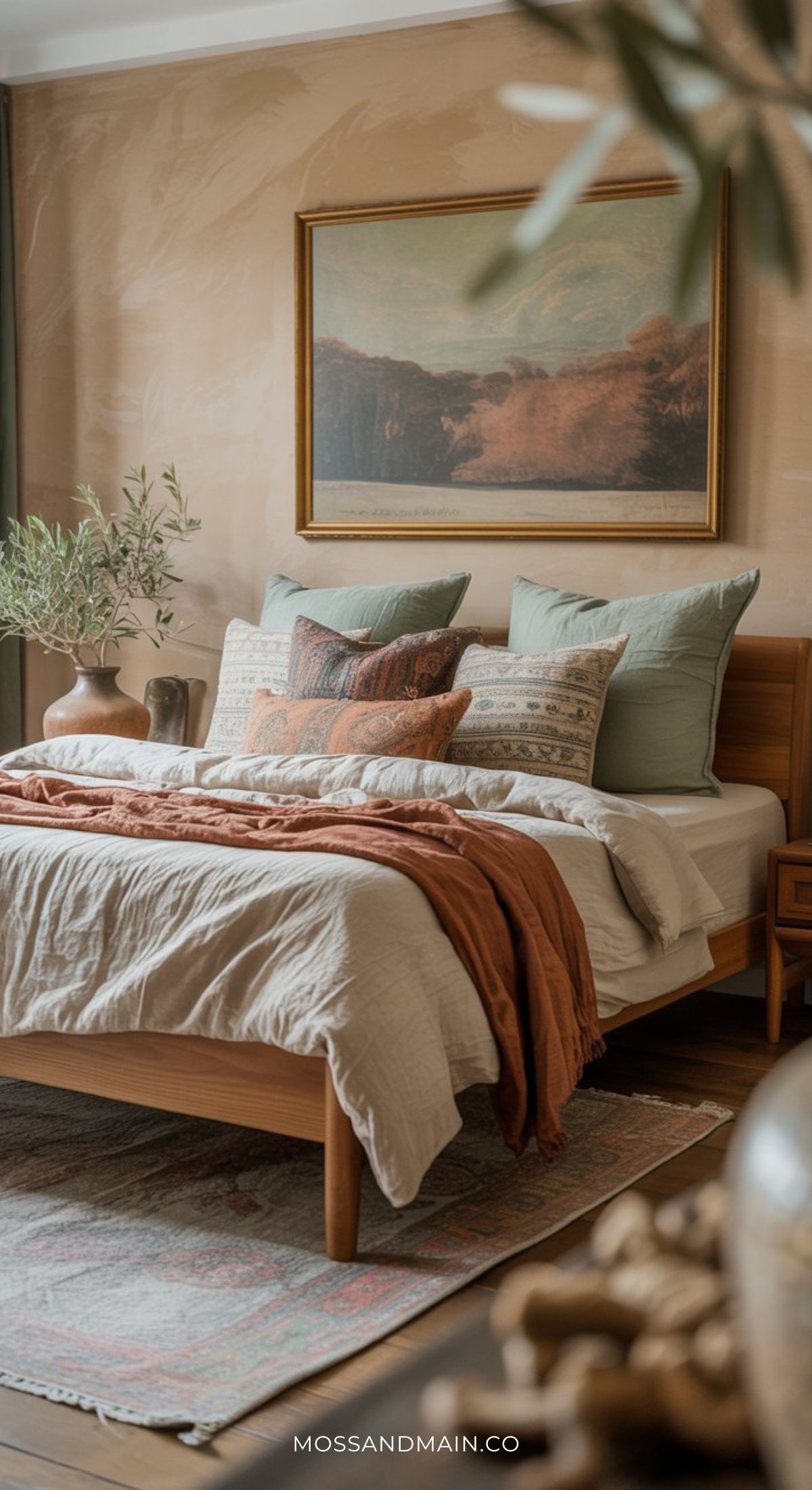 A cozy guest bedroom with a wooden bed, layered neutral and green pillows, rust-colored throw, potted plants, a landscape painting on the wall, and soft natural light. Text MOSSANDMAIN.CO appears at the bottom.