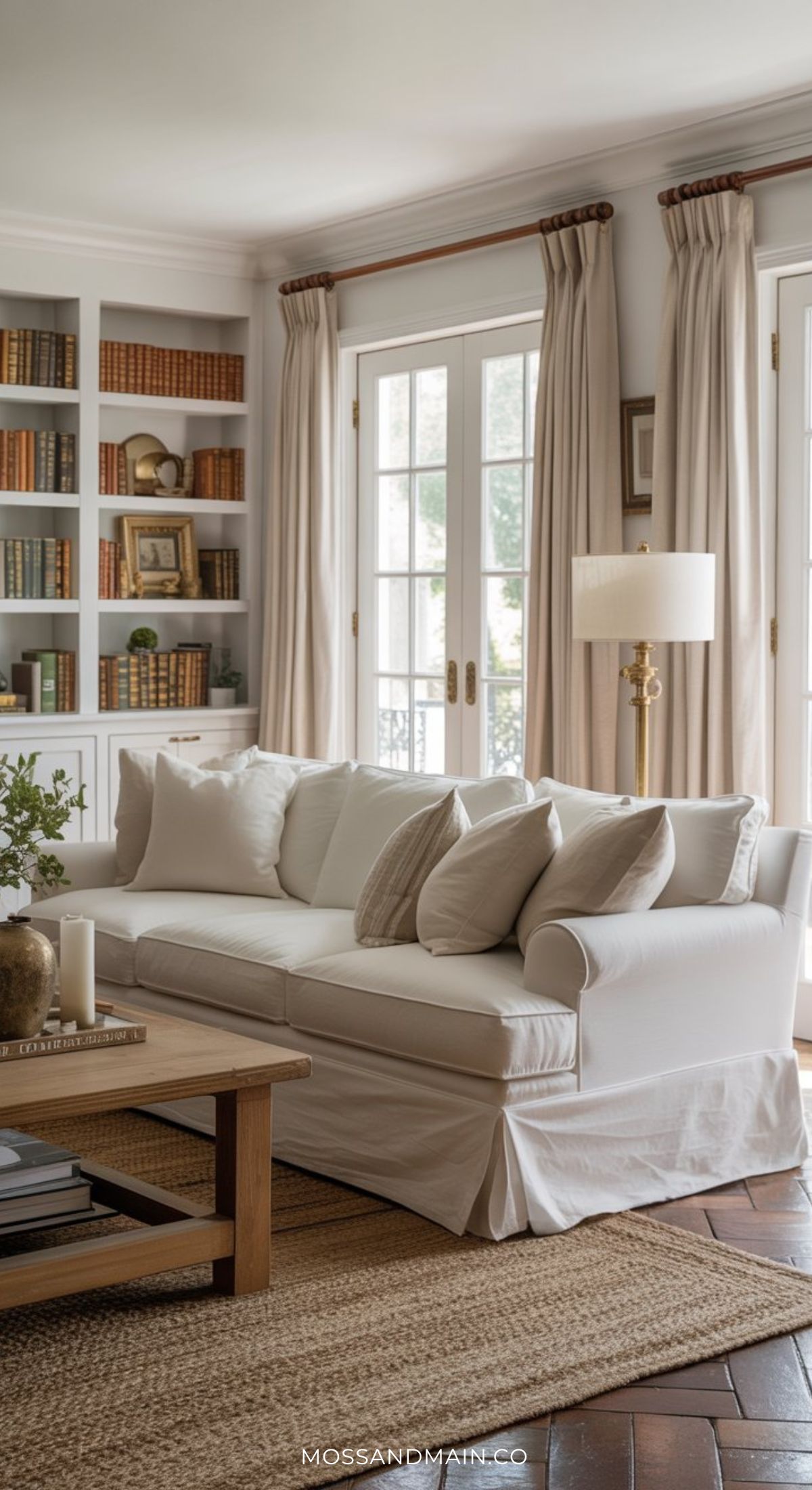 A bright, cozy living room with a white sofa, neutral pillows, and a wooden coffee table evokes a Nancy Meyers home aesthetic, with bookshelves filled with books, beige curtains, and French doors letting in natural light.