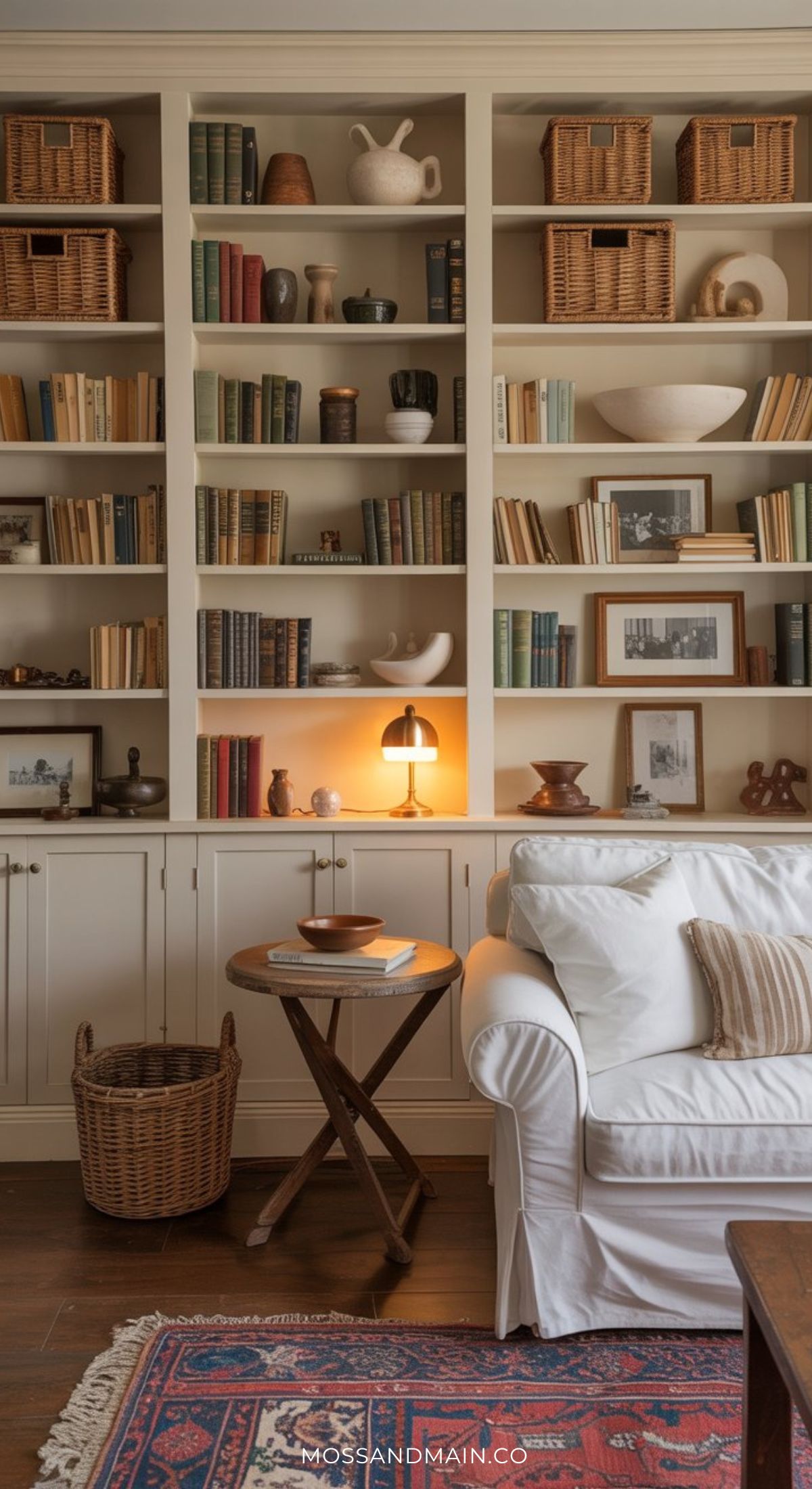A cozy living room features a white sofa, a round wooden side table, and a bookshelf filled with books and decor. A small lamp casts a warm glow, while touches of Nancy Meyers style shine in the woven basket and patterned rug.