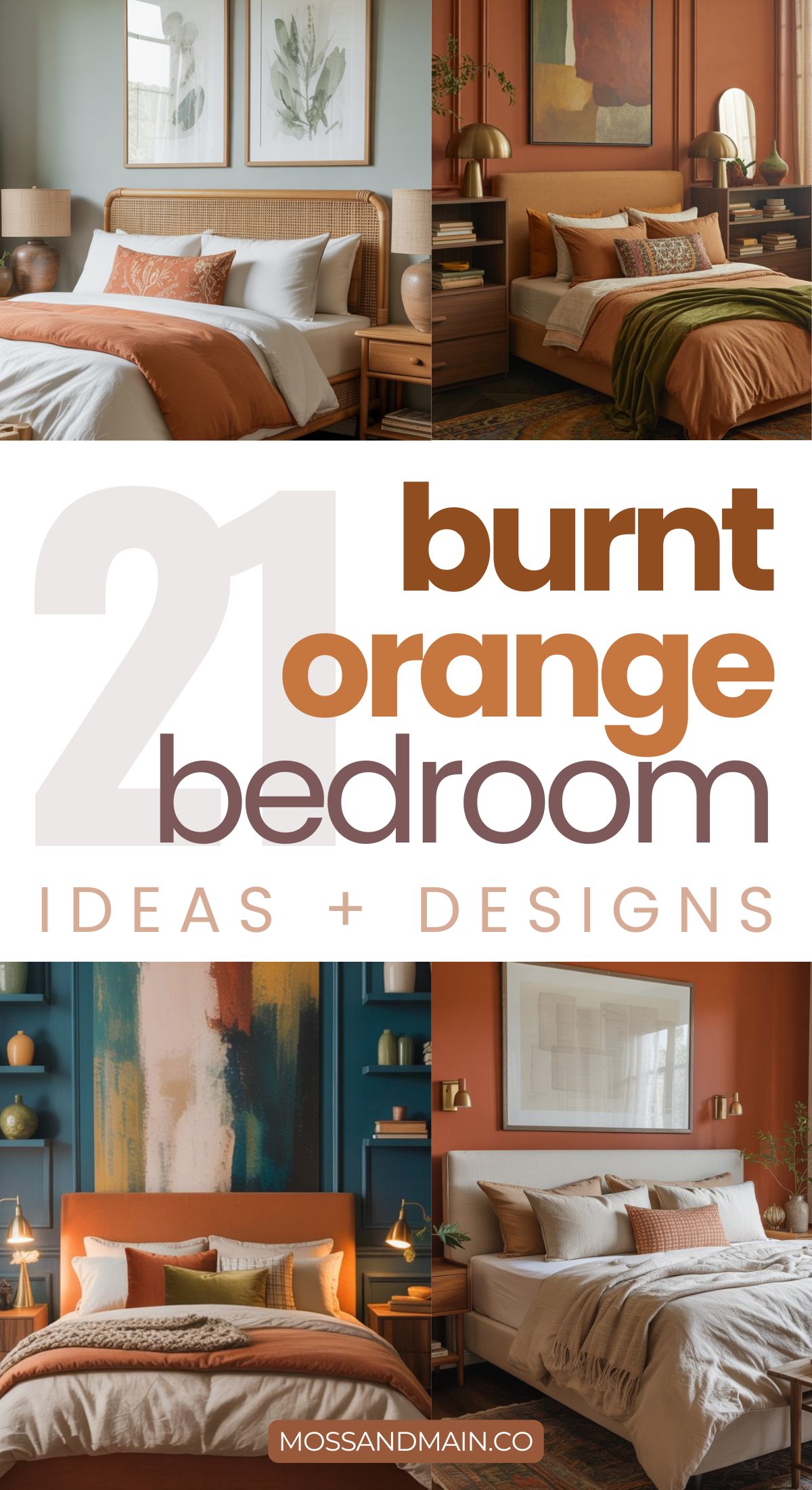 A collage of stylish bedrooms featuring burnt orange accents, cozy bedding, and modern decor. Text reads: “21 Burnt Orange Bedroom ideas + designs.” Each Cozy Bedroom radiates a warm, inviting, and contemporary look.