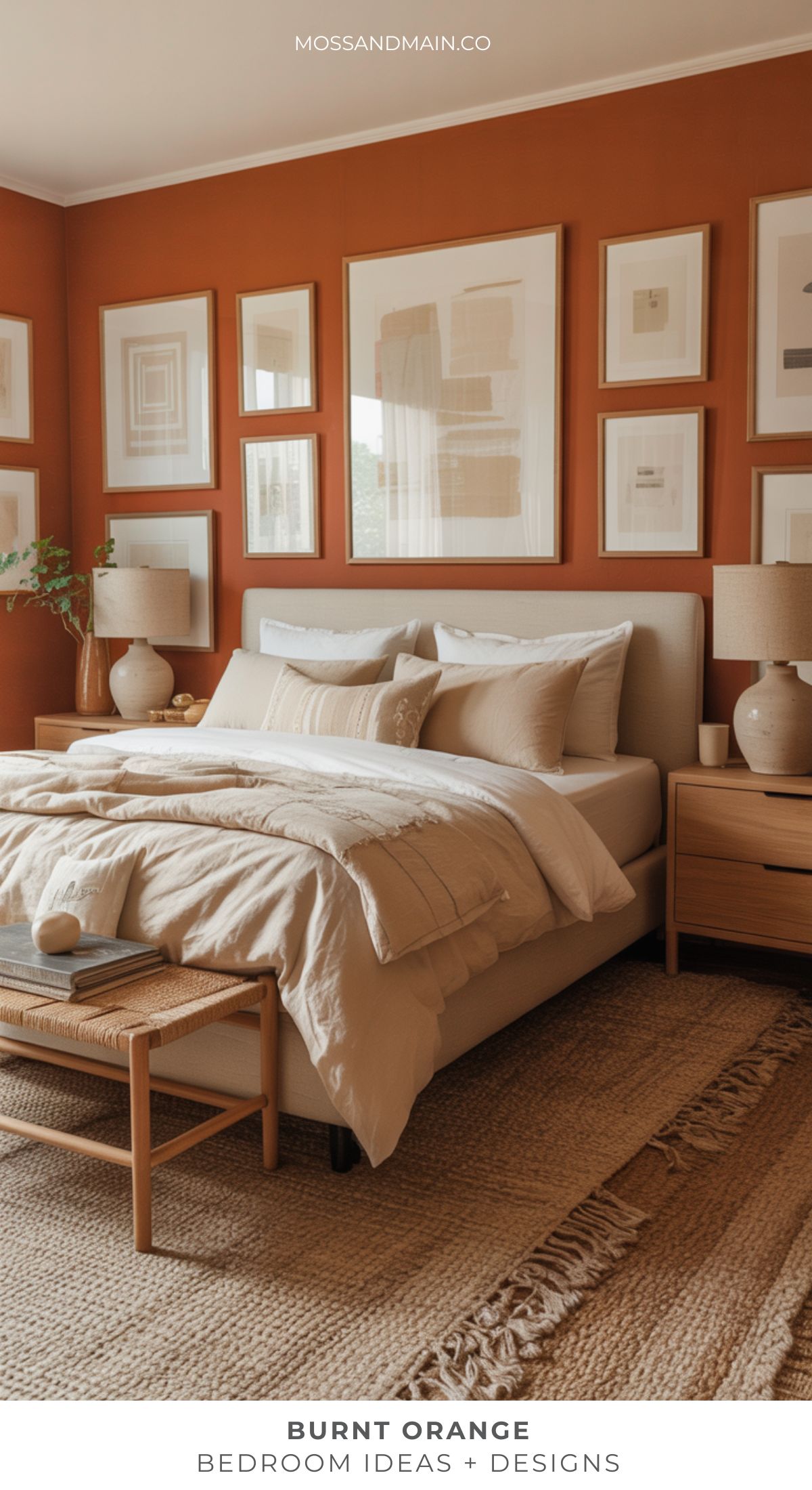A stylish burnt orange bedroom with warm bedroom colors, beige bedding, neutral-toned furniture, a woven rug, and grid-framed art above the bed creates a cozy atmosphere.