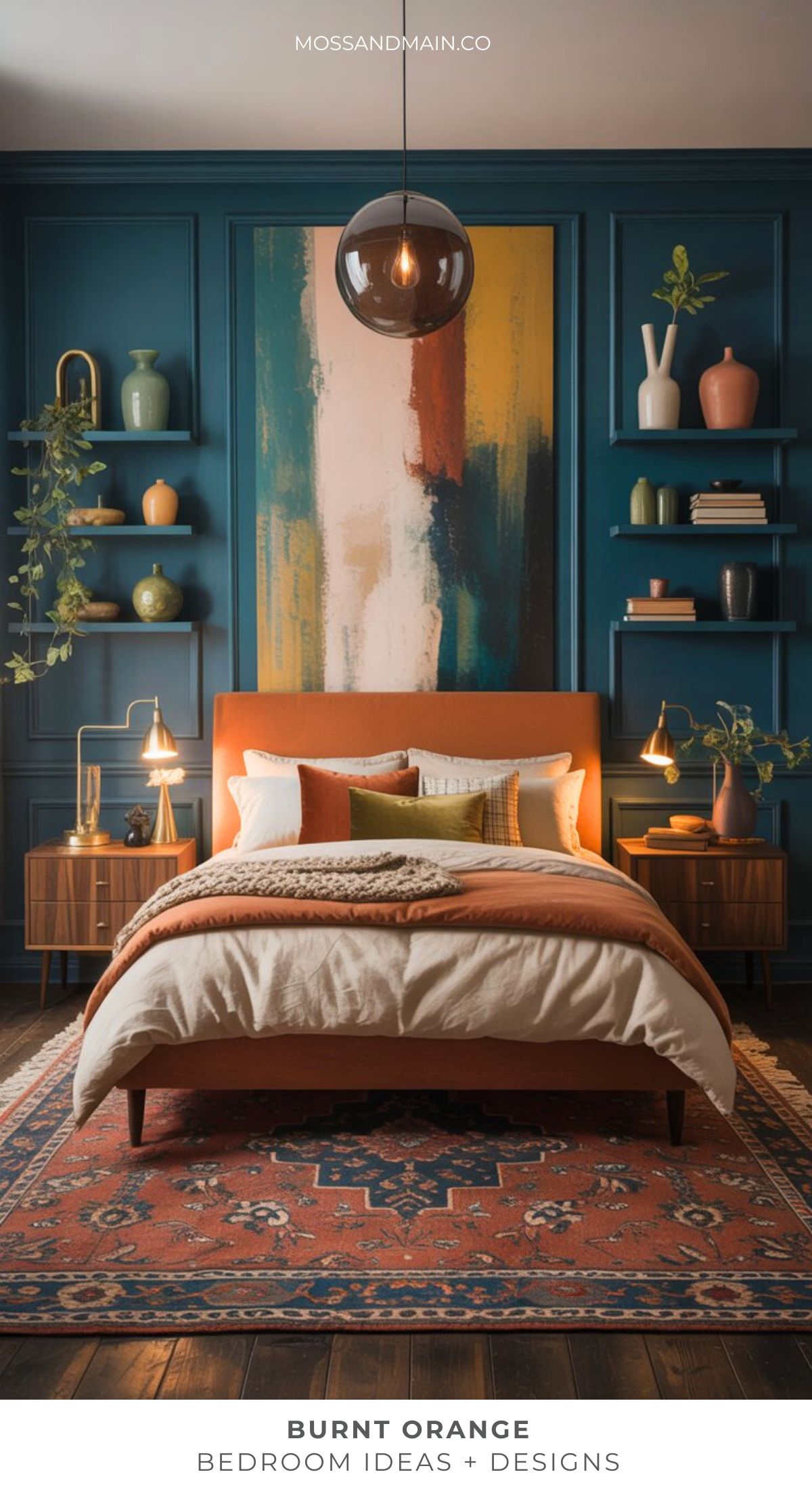 A stylish burnt orange bedroom features layered pillows, cozy blankets, warm bedroom colors, a large abstract painting, dark blue walls, wooden nightstands, ambient lighting, plants, and decor shelves. Text reads Burnt Orange Bedroom Ideas + Designs.