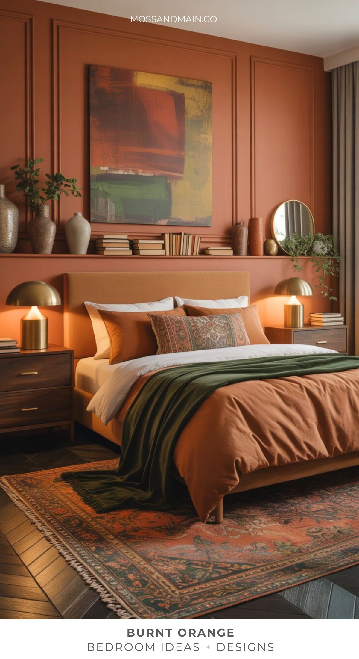 A stylish burnt orange bedroom with bold walls and bedding, green accents, wooden furniture, potted plants, abstract art above the bed, and a patterned rug—perfect for those seeking warm bedroom ideas and a welcoming atmosphere.