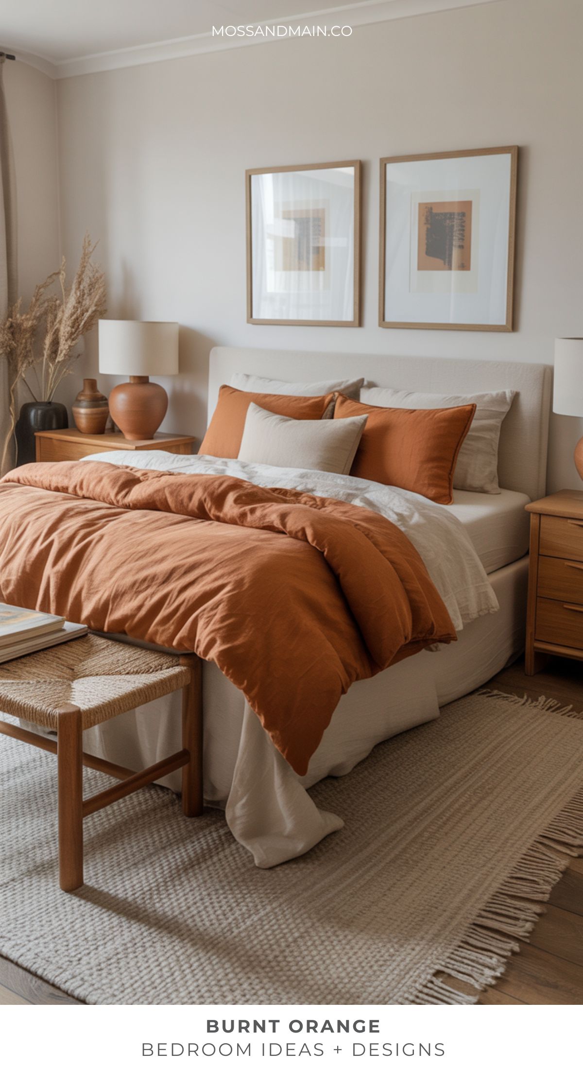 A cozy burnt orange bedroom with neutral pillows, wooden furniture, framed wall art, a textured rug, and earthy decor accents—perfect for those seeking warm bedroom colors and fresh bedroom ideas.