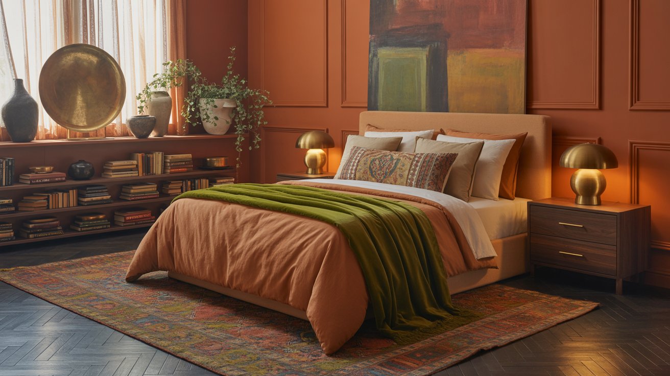 A cozy burnt orange bedroom with warm walls, orange and green bedding, golden lamps on dark wood nightstands, a colorful rug, plants, decorative vases, bookshelves, and large abstract wall art—perfect for those seeking warm bedroom ideas.