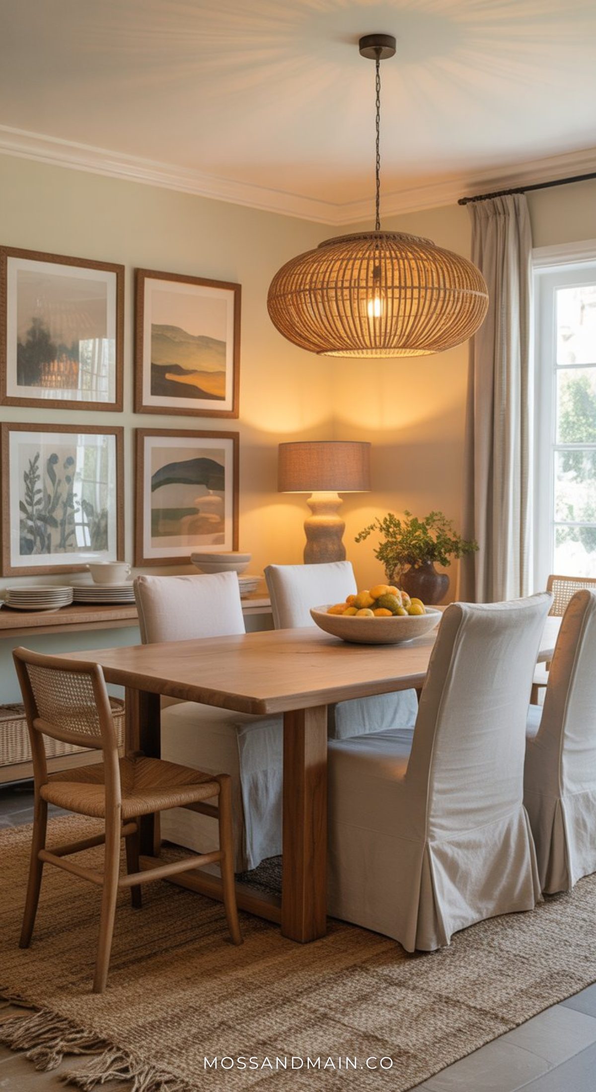 A cozy dining room with a wooden table, four chairs—three with white slipcovers—and a woven pendant light above. Art prints and a lamp decorate the wall and sideboard; a bowl of lemons sits on the table. Timeless dining room in neutral tones.