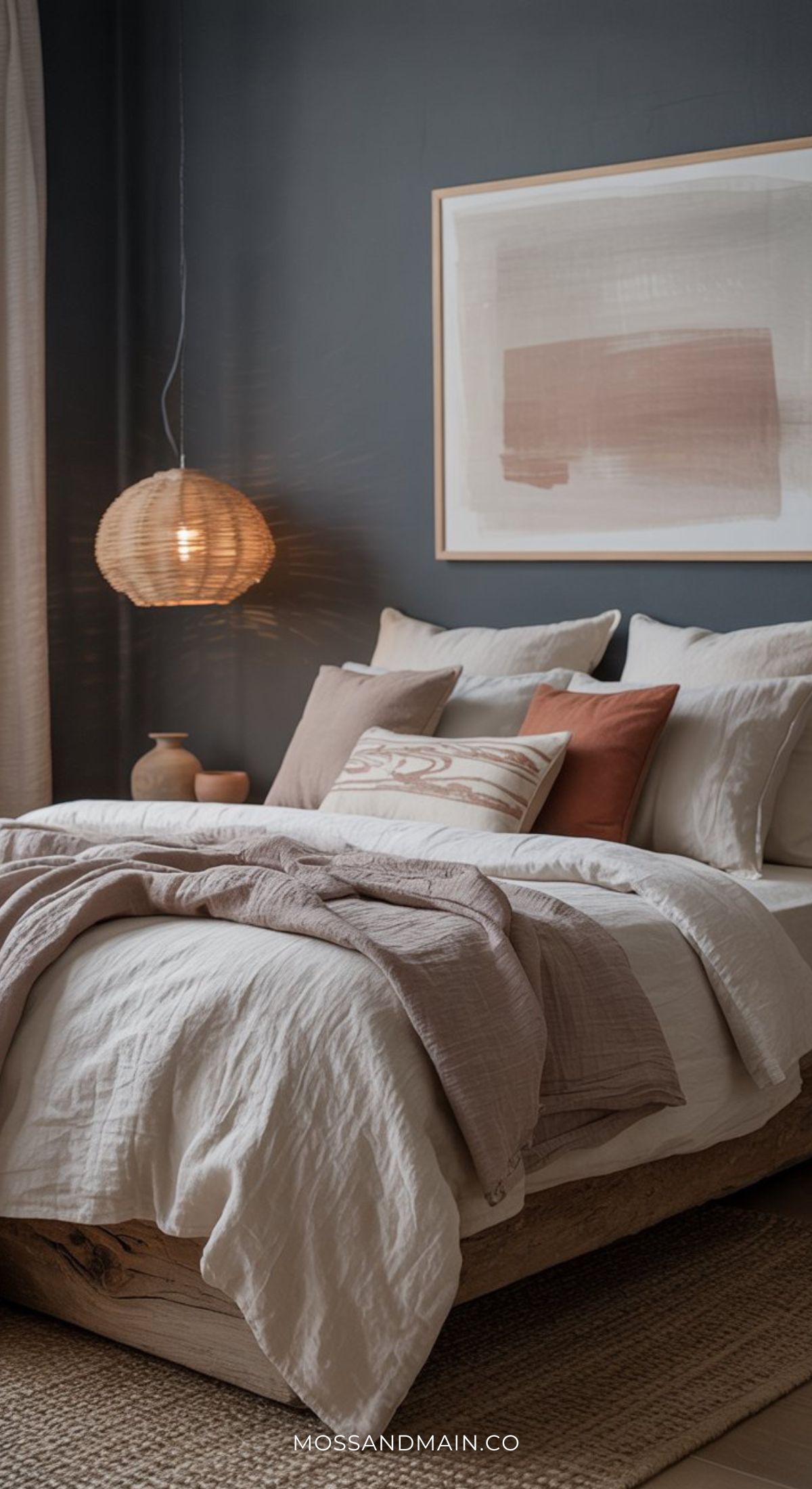 A cozy guest bedroom with a neatly made bed featuring white and beige bedding, decorative pillows, a woven hanging lamp, clay vase, and abstract wall art against a dark accent wall. Natural light filters through beige curtains.