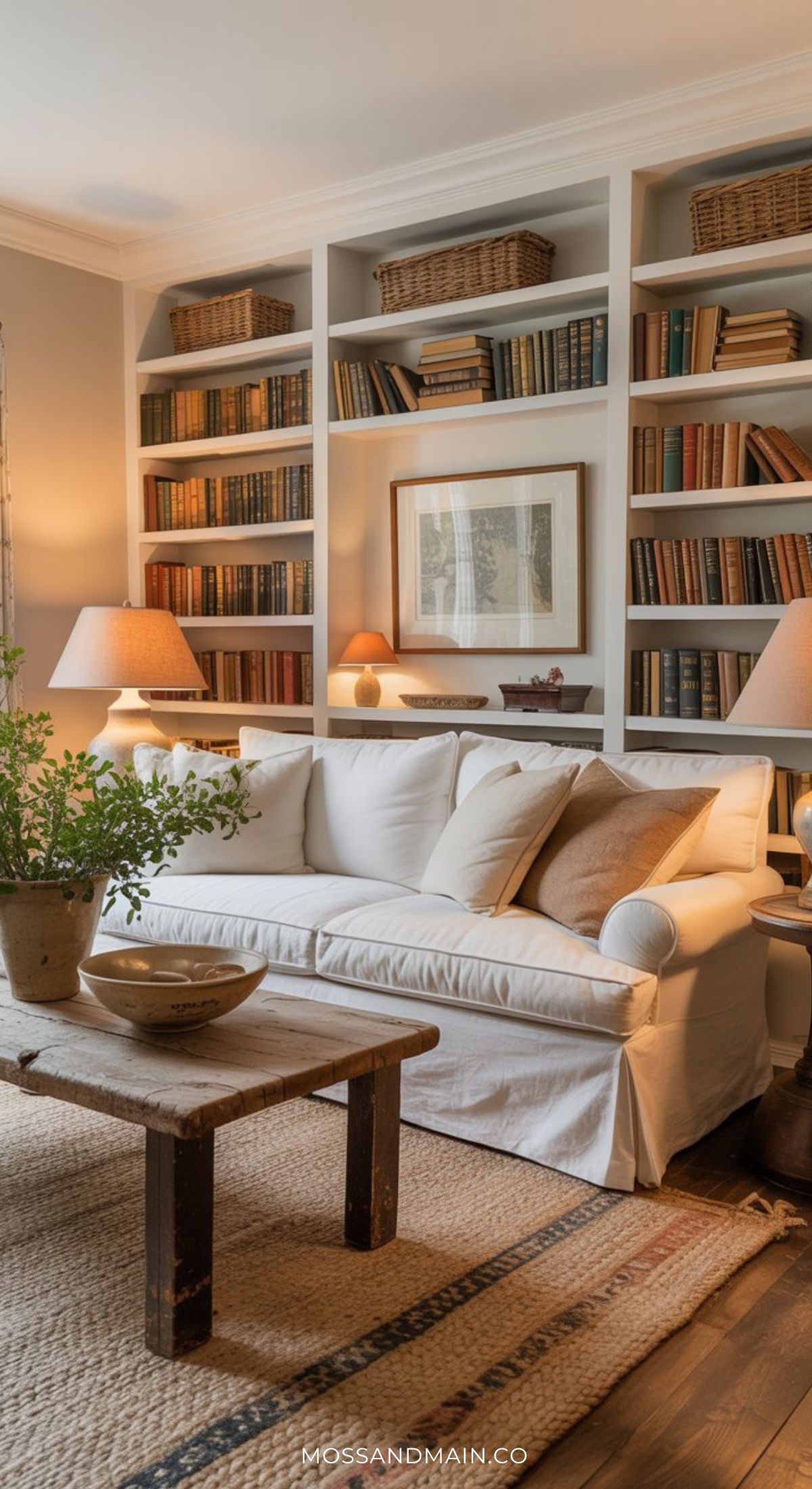 A cozy living room with a white sofa, wooden coffee table, potted plant, and bookshelves filled with books and baskets. Warm lamp light creates an inviting Nancy Meyers home aesthetic.