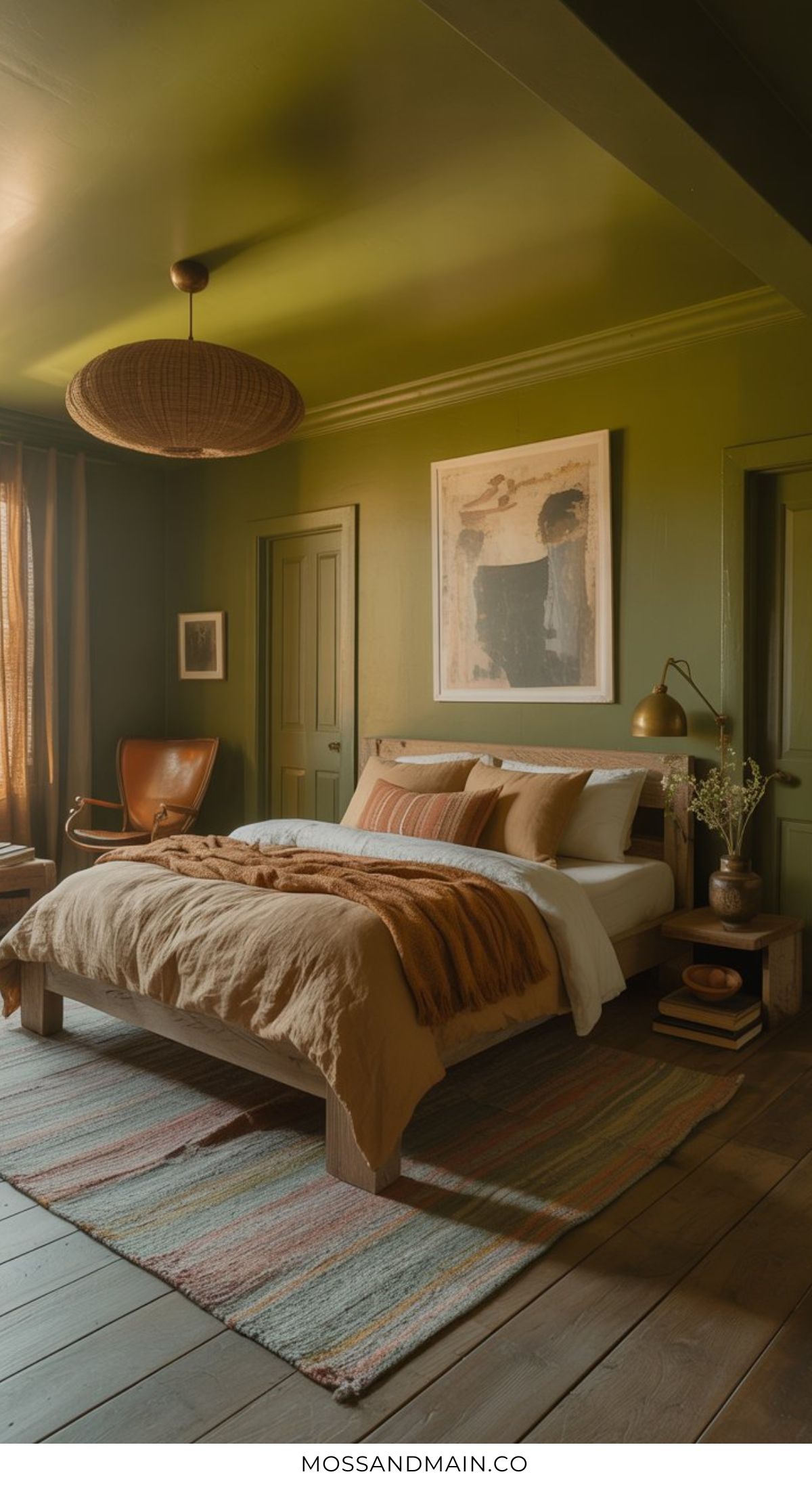 A cozy guest bedroom with olive green walls, a wooden bed topped with tan and rust bedding, a woven pendant light, striped rug, brown leather chair, and framed abstract artwork above the bed creates an inviting retreat.