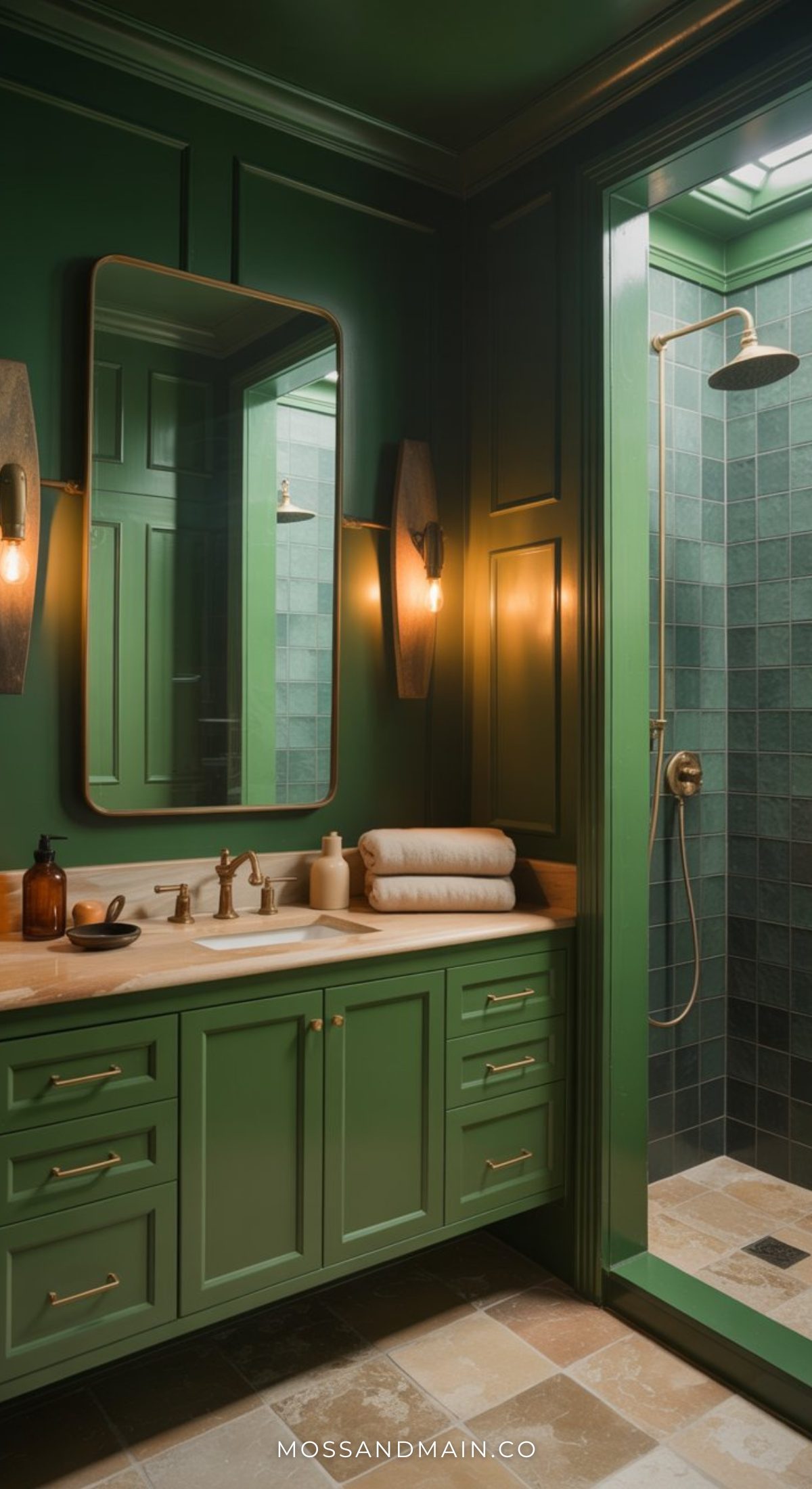 Luxurious dark green bathroom with emerald walls and cabinetry, a large mirror, elegant lighting, neatly folded towels on a beige countertop, and a walk-in shower with matching dark green tiles.