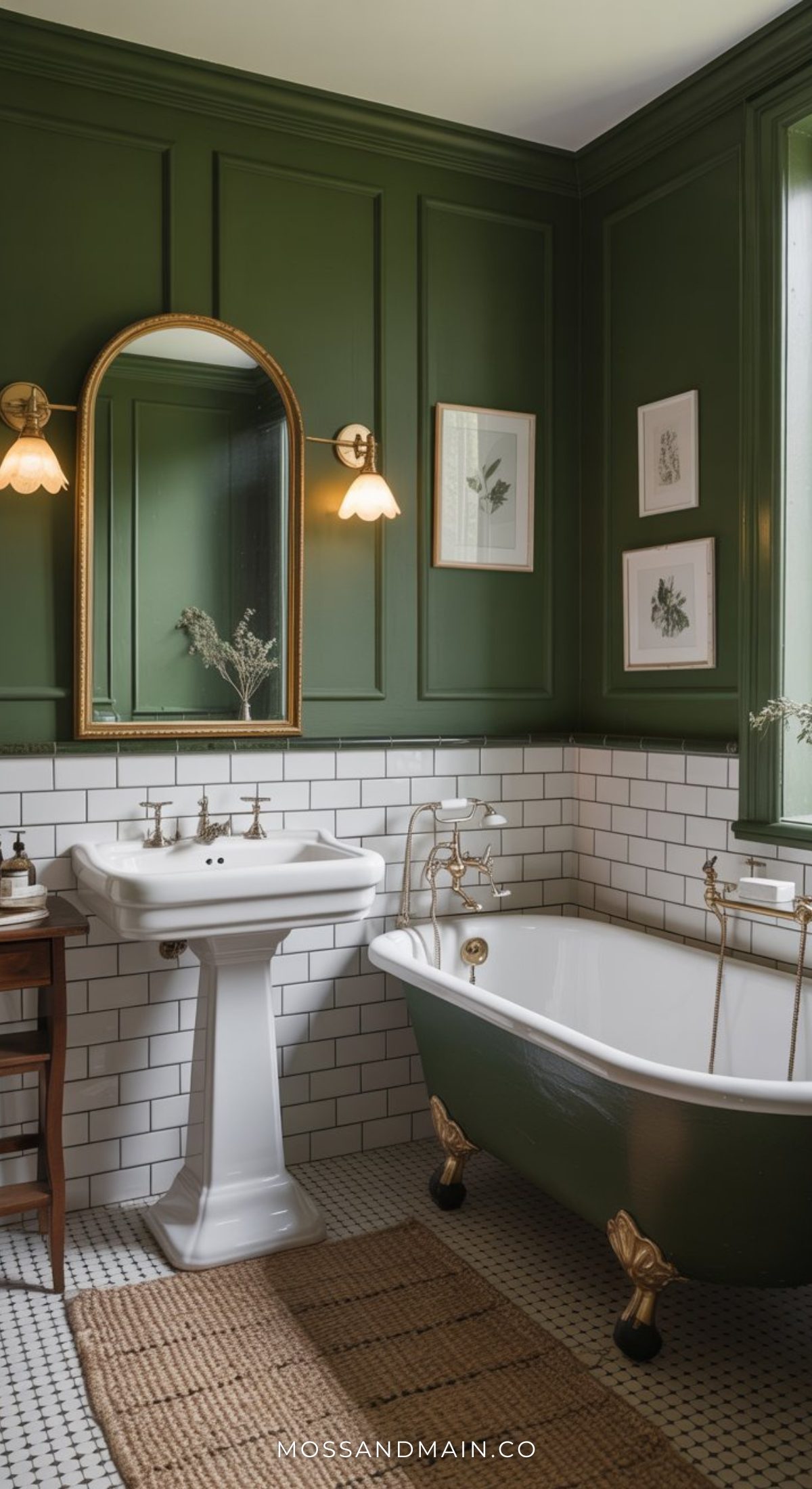 A moody bathroom with dark green paneled walls, white subway tiles, a freestanding clawfoot tub, pedestal sink, gold fixtures, wall mirror, sconces, botanical art, and a woven rug creates true vintage luxe.