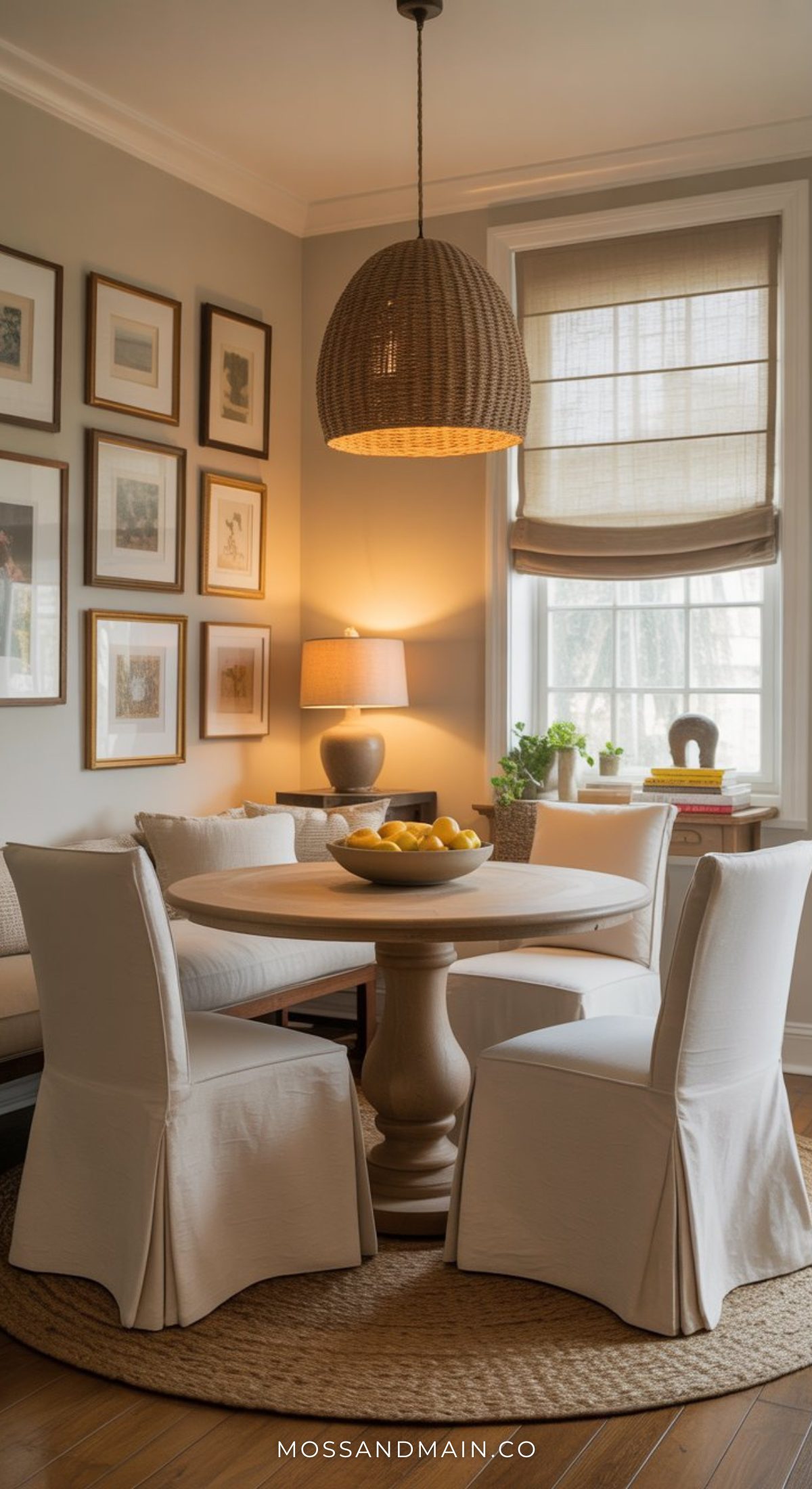 A cozy dining nook with a round wooden table, four white slipcovered chairs, a bowl of lemons, a woven pendant light, framed wall art, and bamboo blinds evokes the inviting charm of a Nancy Meyers dining room.