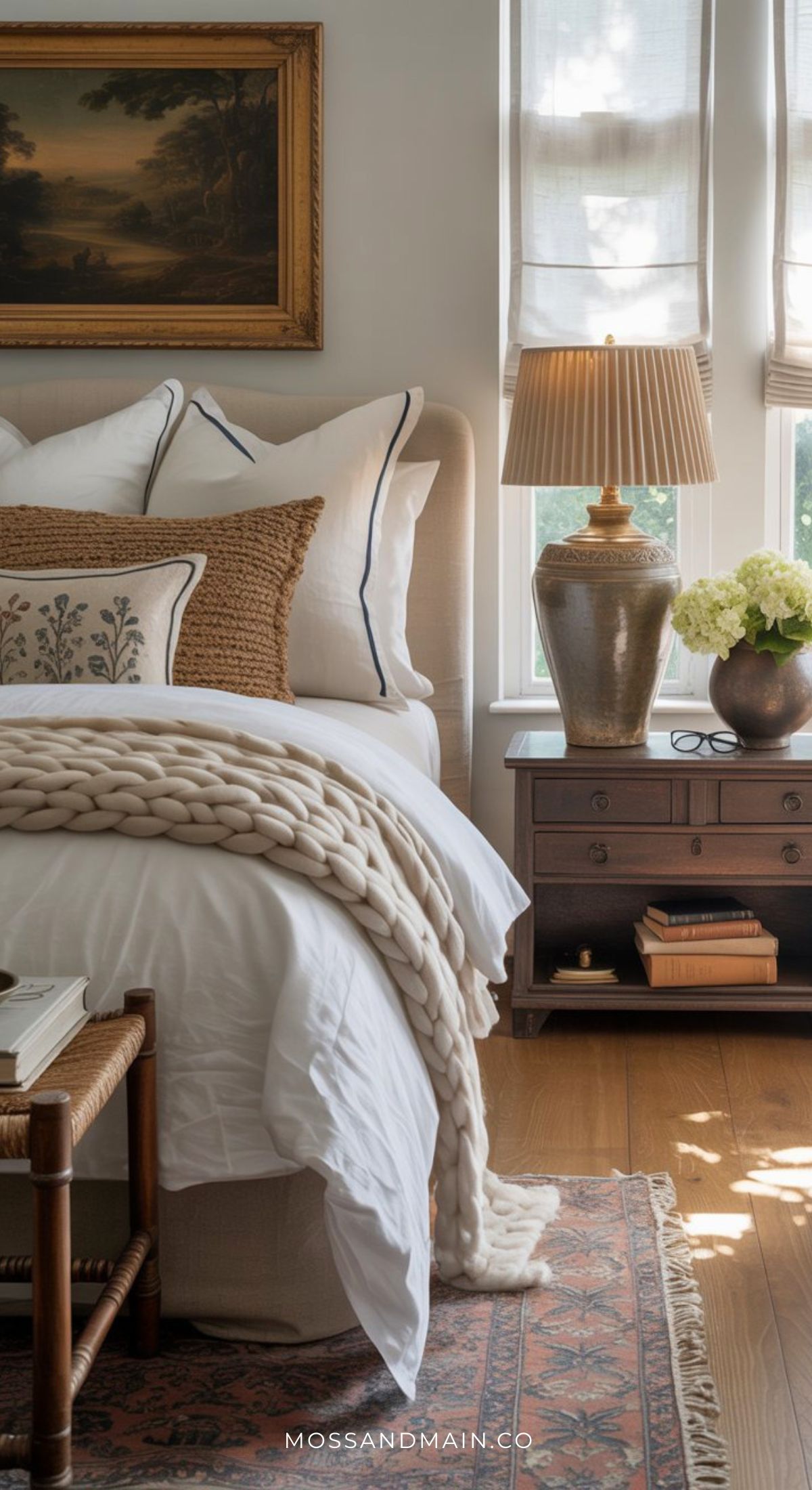 Elegant bedroom with a beige bed, white and woven pillows, chunky knit blanket, and wooden nightstand with a lamp—evoking the cozy yet refined Nancy Meyers home aesthetic. Sunlight streams through sheer curtains beneath a framed painting above the bed.