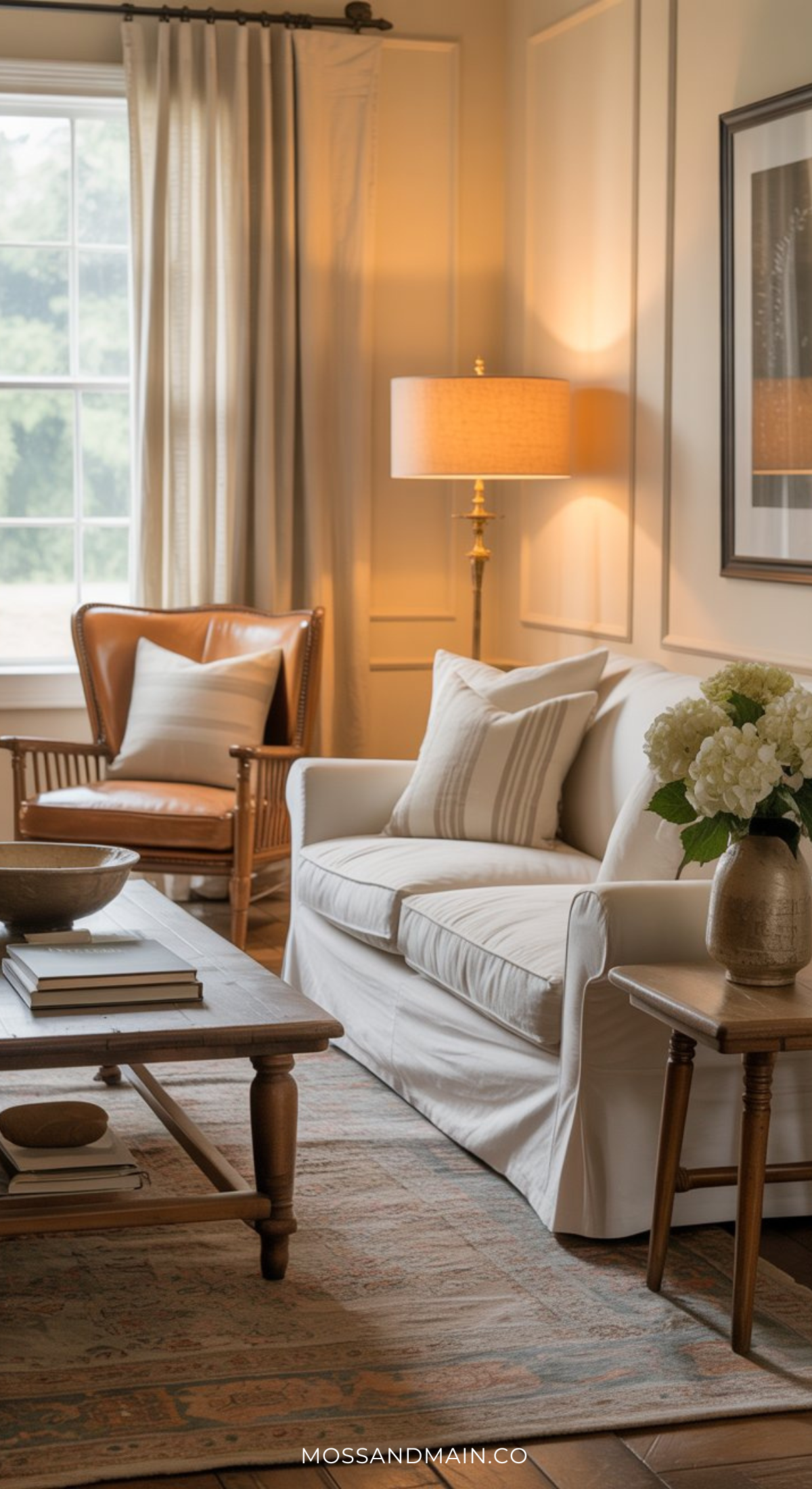 A cozy living room with a white sofa and striped pillows captures the Nancy Meyers home aesthetic, featuring a wooden armchair, floor lamp, coffee table with books and a bowl, patterned rug, and side table with white flowers near the window.